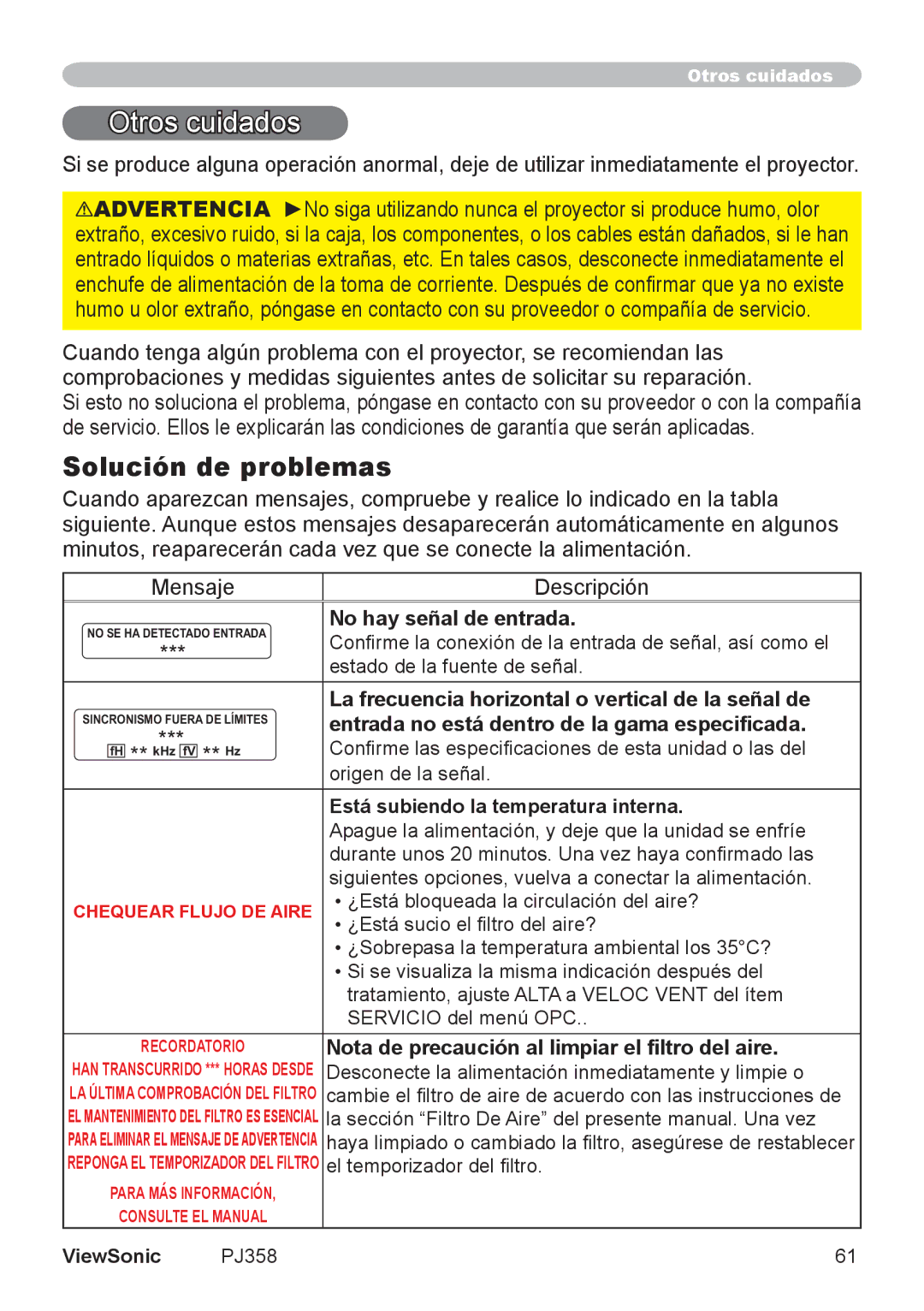 ViewSonic VS11611 manual Solución de problemas, No hay señal de entrada, La frecuencia horizontal o vertical de la señal de 