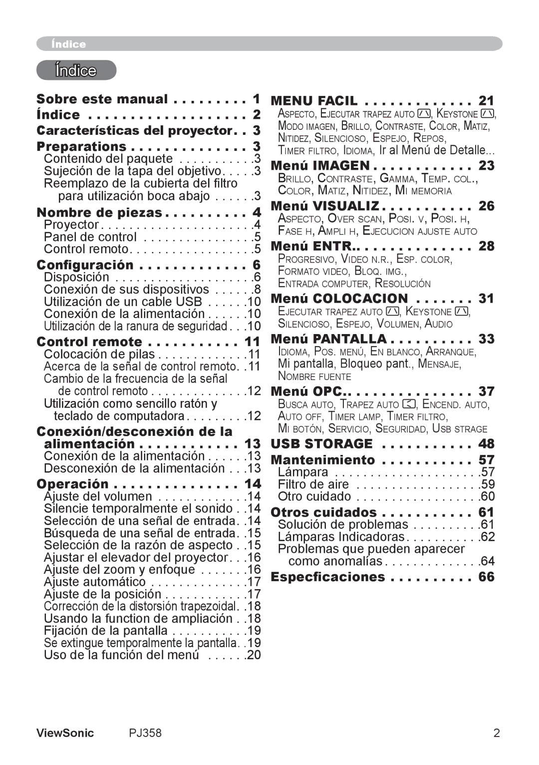 ViewSonic PJ358, VS11611 manual Índice 