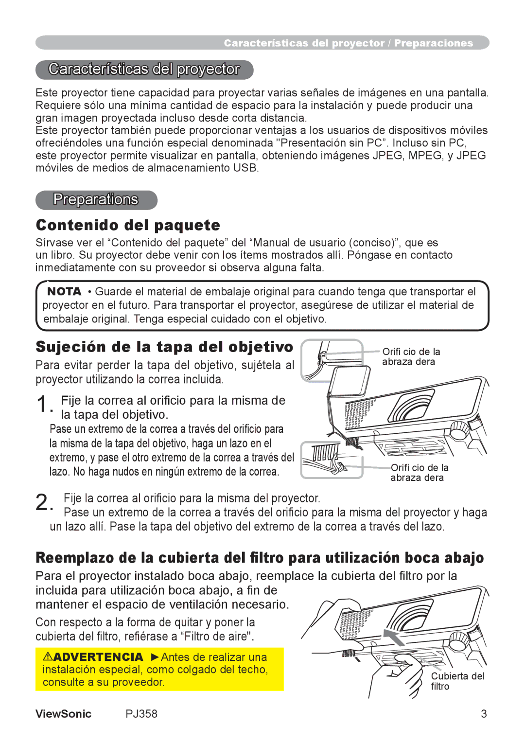 ViewSonic VS11611 Características del proyector, Preparations, Contenido del paquete, Sujeción de la tapa del objetivo 