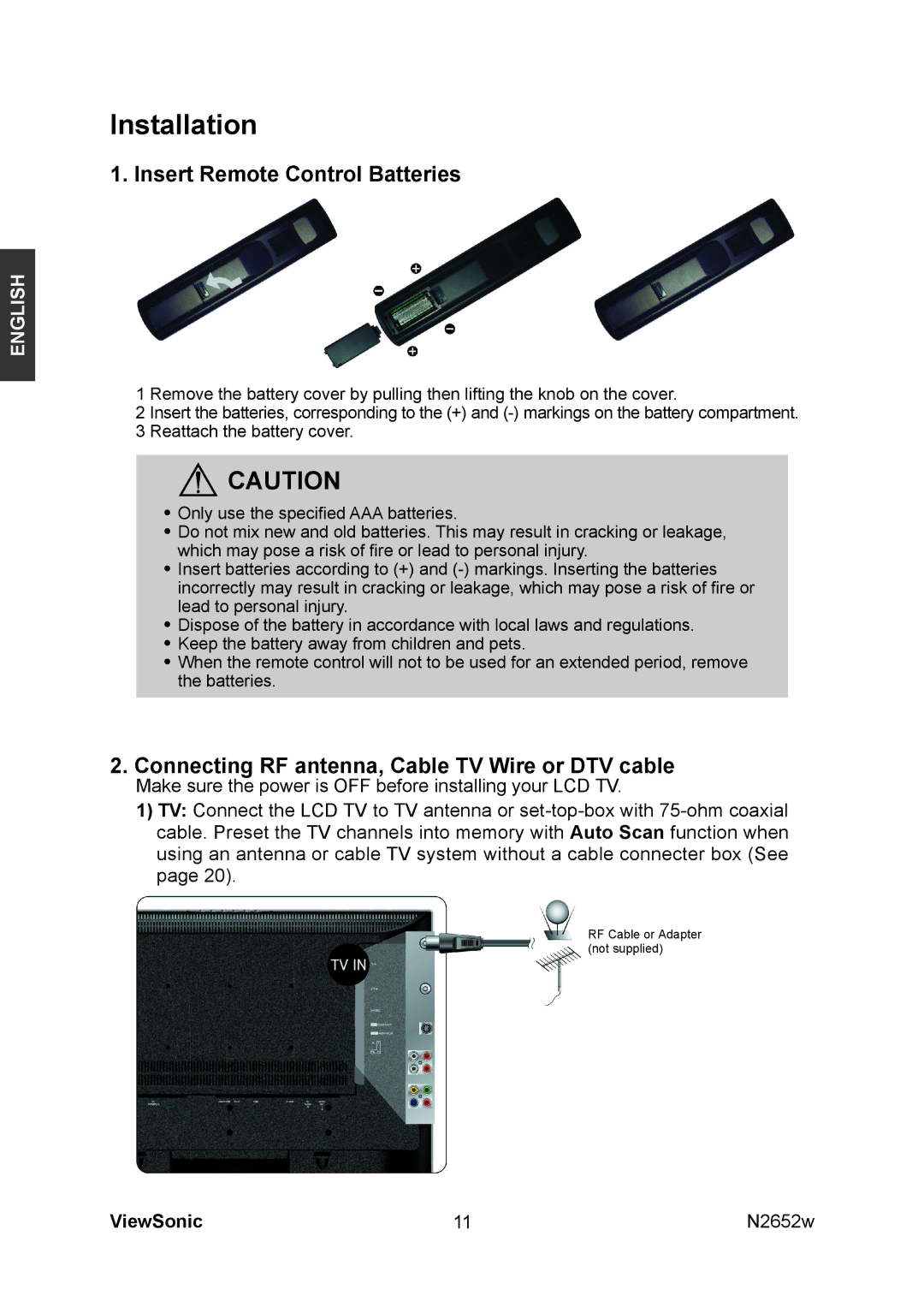 ViewSonic VS11620-1M manual Installation, Insert Remote Control Batteries 