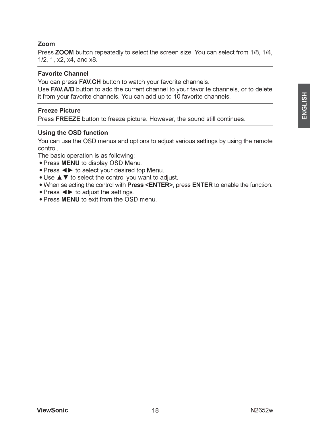 ViewSonic VS11620-1M manual Zoom, Favorite Channel, Freeze Picture, Using the OSD function 