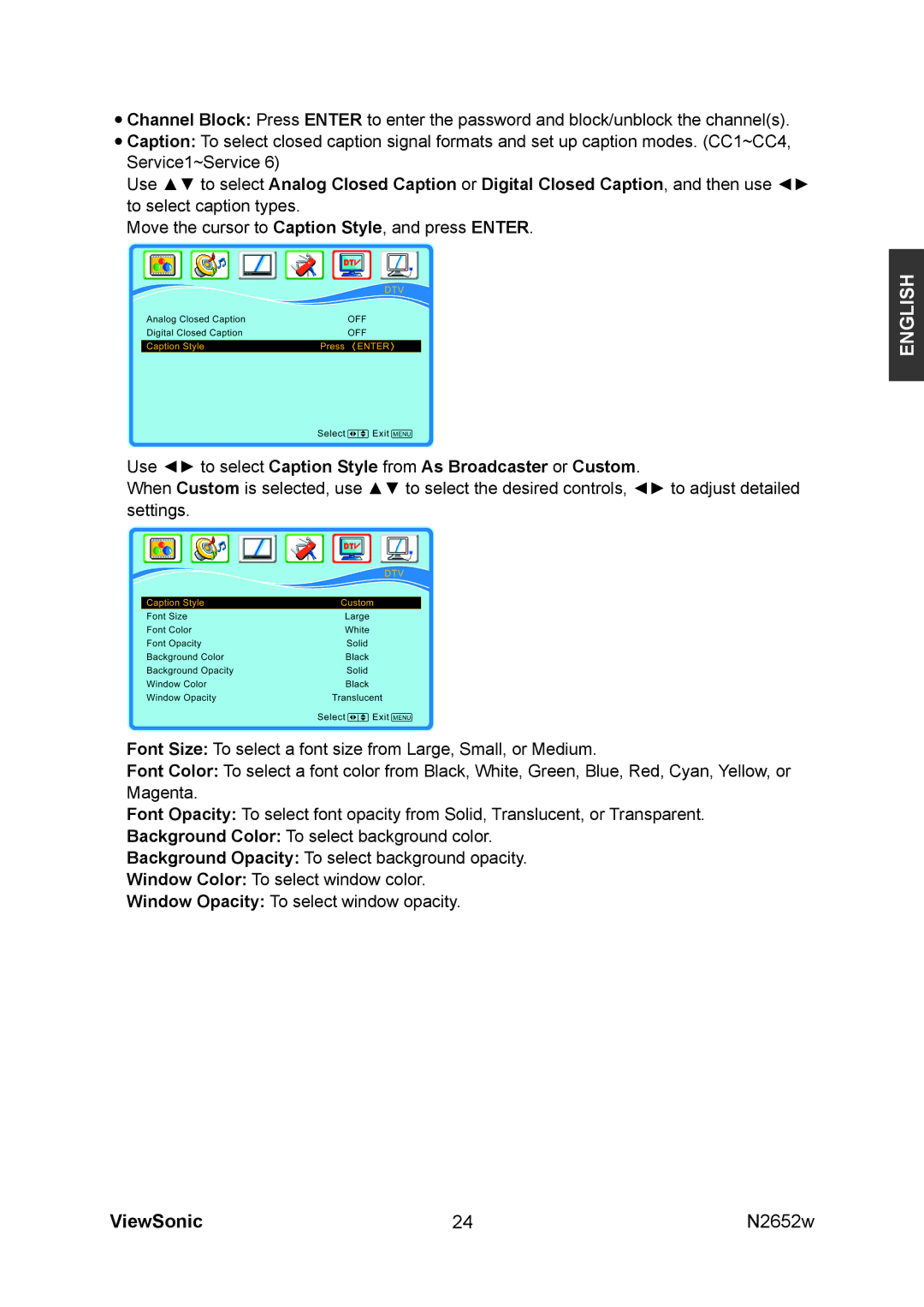 ViewSonic VS11620-1M manual Use to select Caption Style from As Broadcaster or Custom 