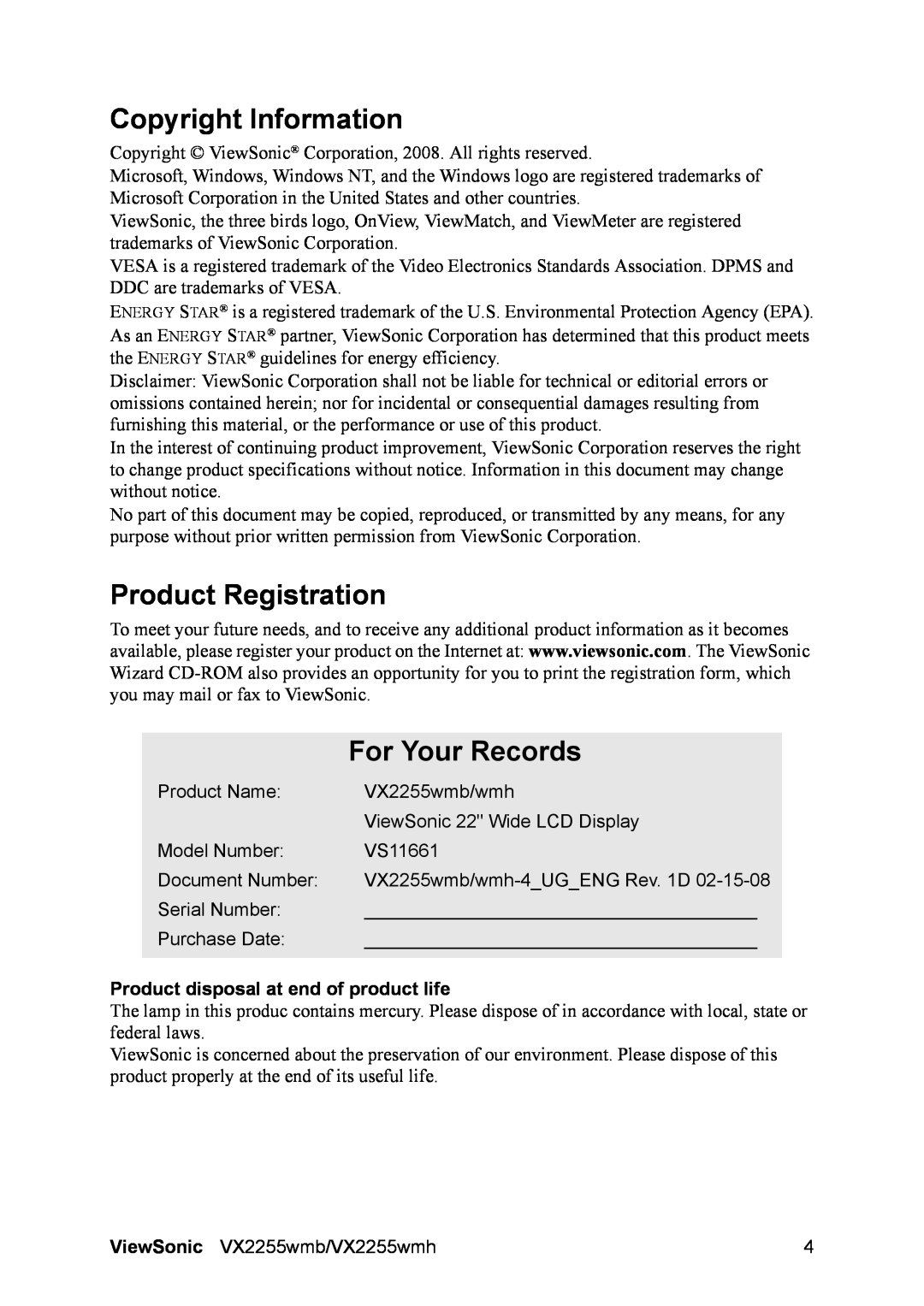 ViewSonic VS11661 Copyright Information, Product Registration, For Your Records, Product disposal at end of product life 