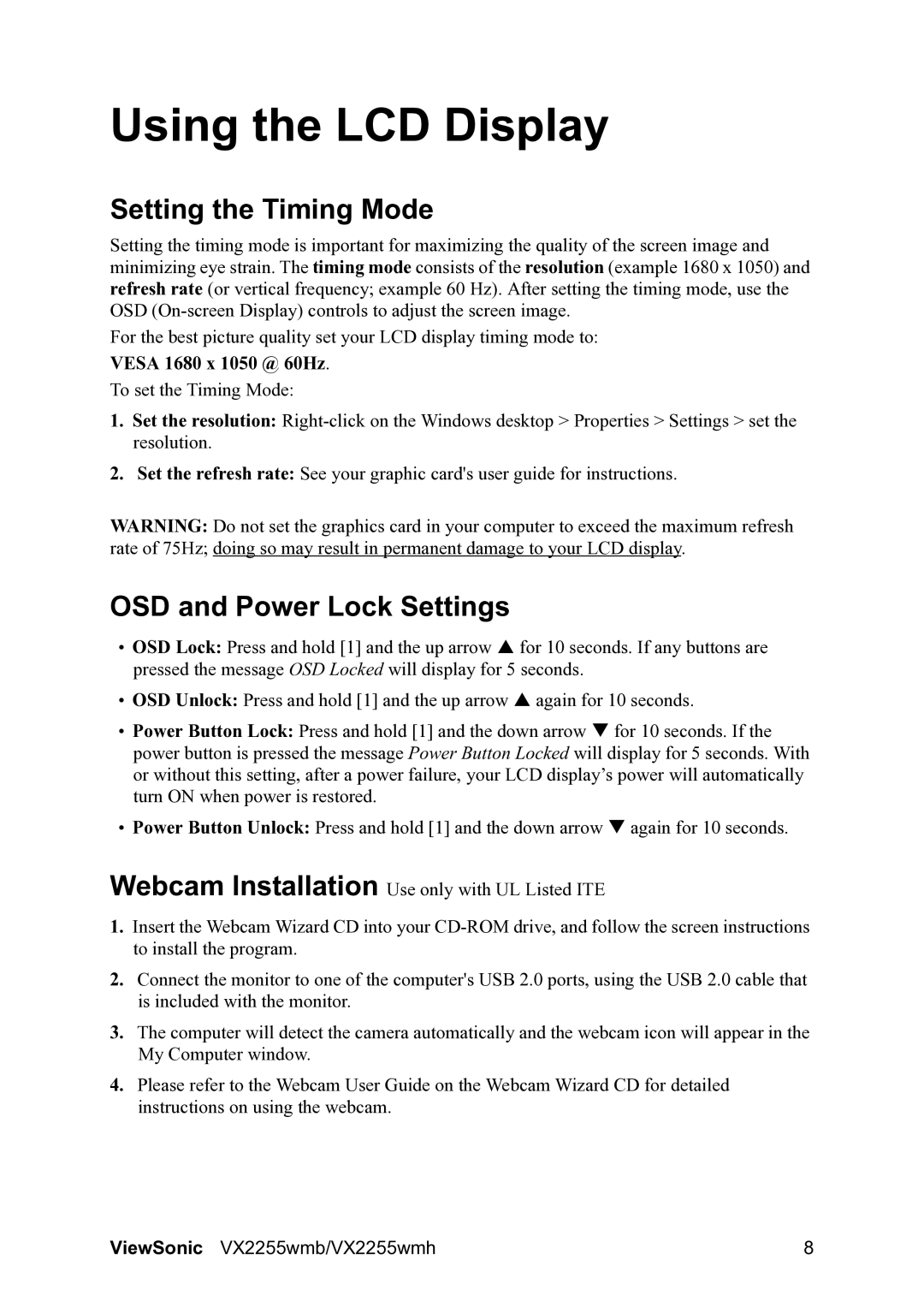 ViewSonic VS11661 warranty Setting the Timing Mode, OSD and Power Lock Settings, Vesa 1680 x 1050 @ 60Hz 