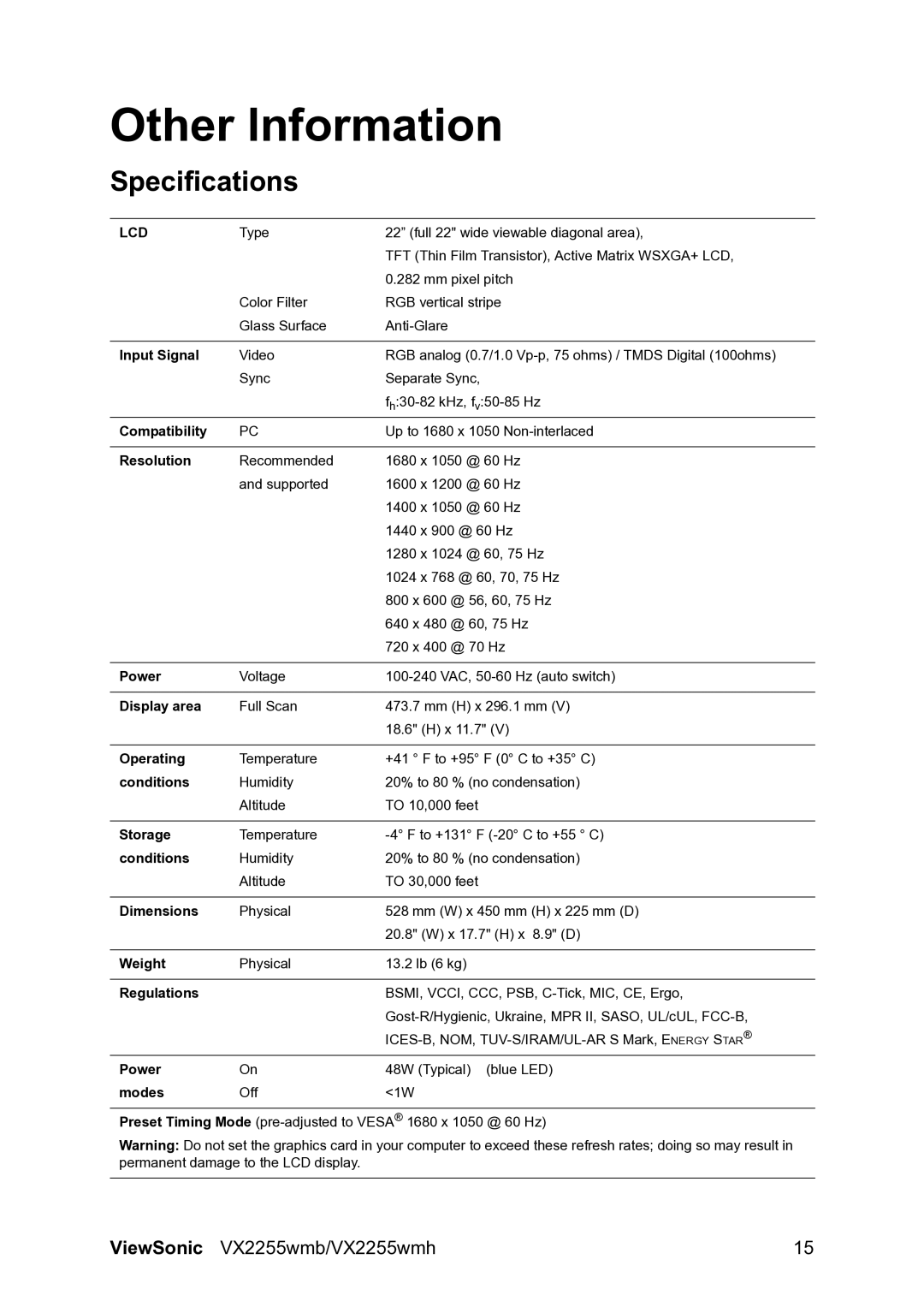 ViewSonic VS11661 warranty Other Information, Specifications 