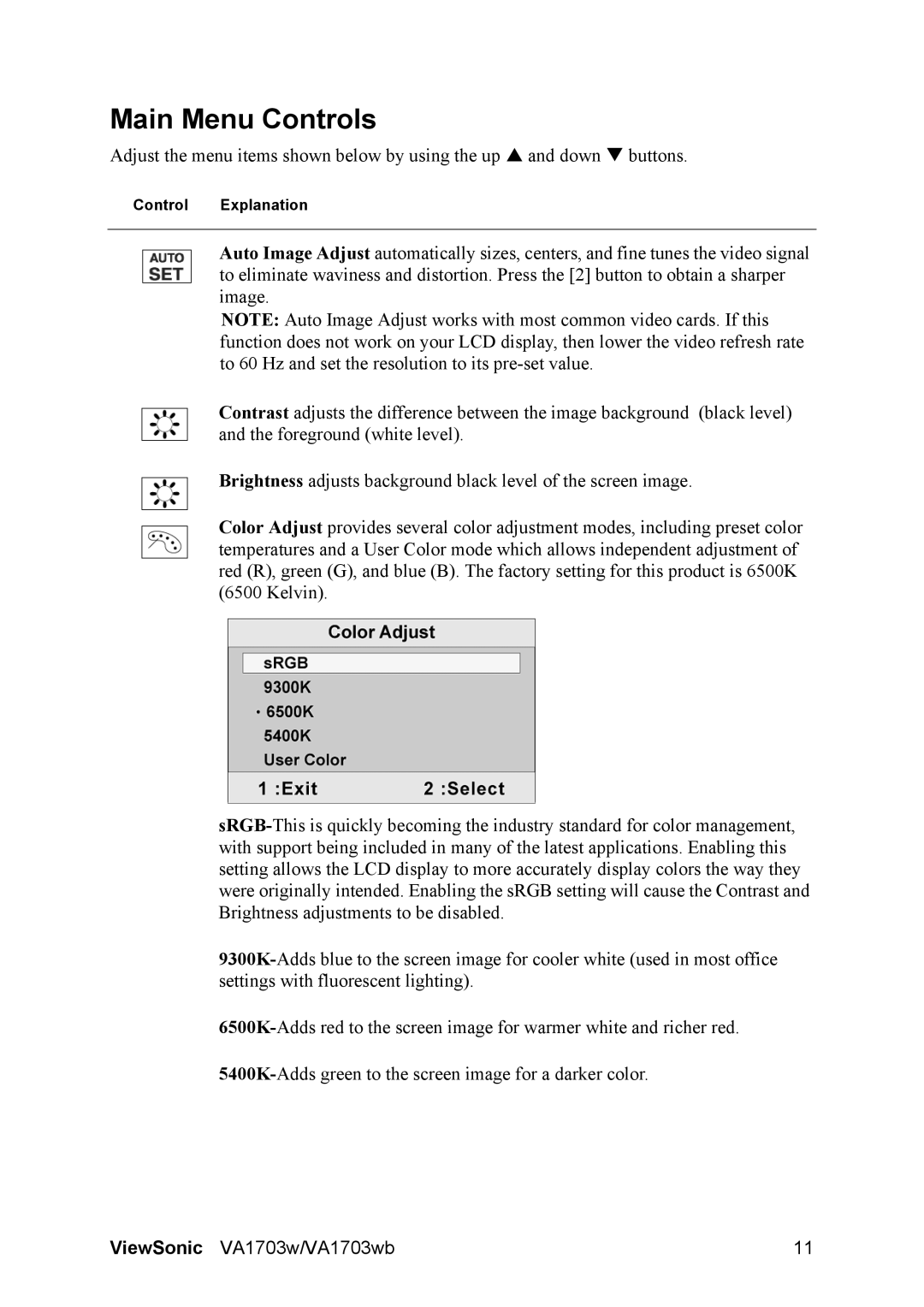 ViewSonic VS11668 manual Main Menu Controls 