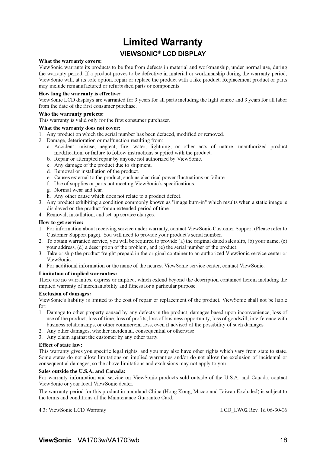 ViewSonic VS11668 manual Limited Warranty, Viewsonic LCD Display 