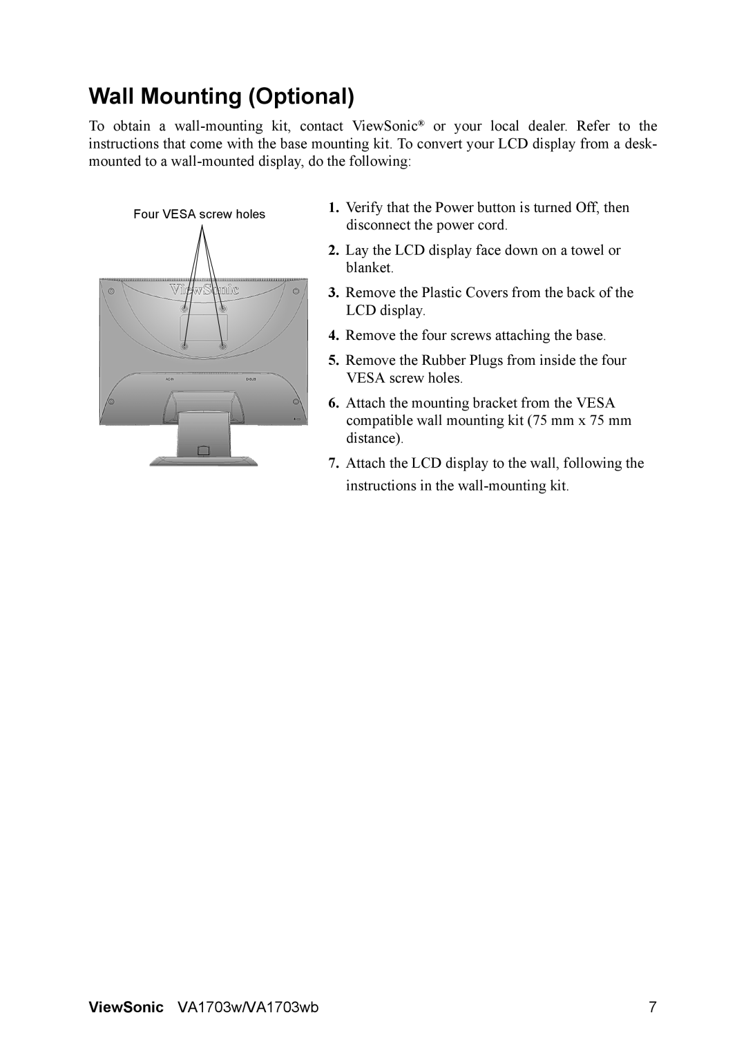 ViewSonic VS11668 manual Wall Mounting Optional 