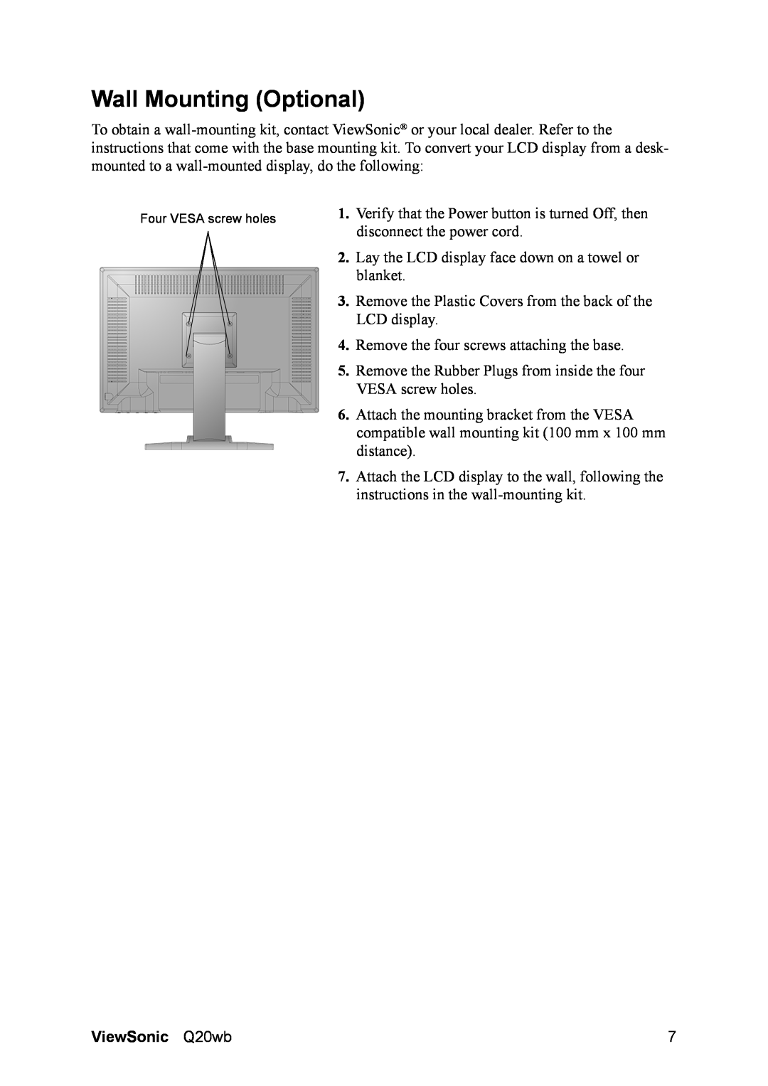 ViewSonic VS11674, Q20WB manual Wall Mounting Optional, ViewSonic Q20wb 