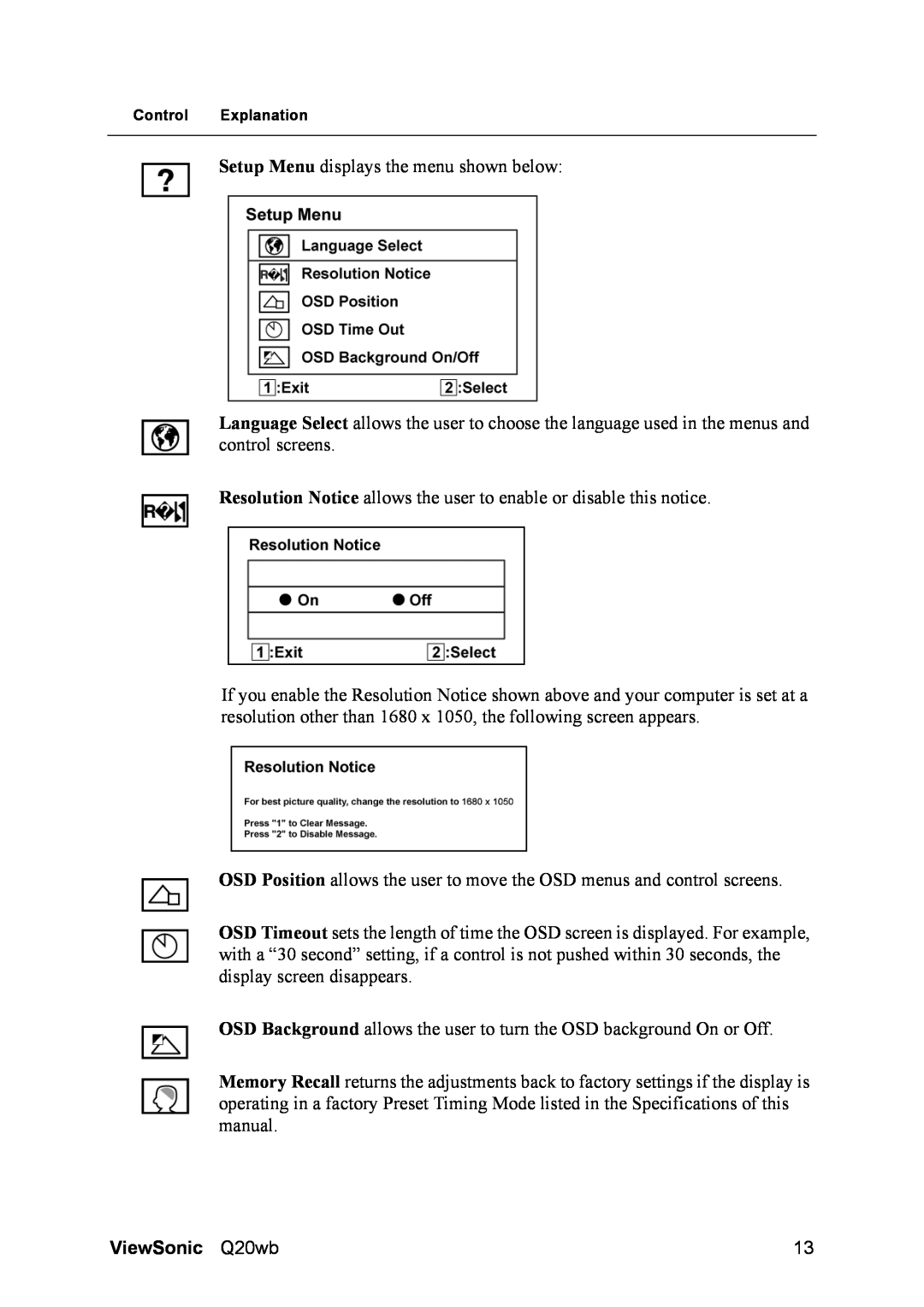 ViewSonic VS11674, Q20WB manual Setup Menu displays the menu shown below, ViewSonic Q20wb 