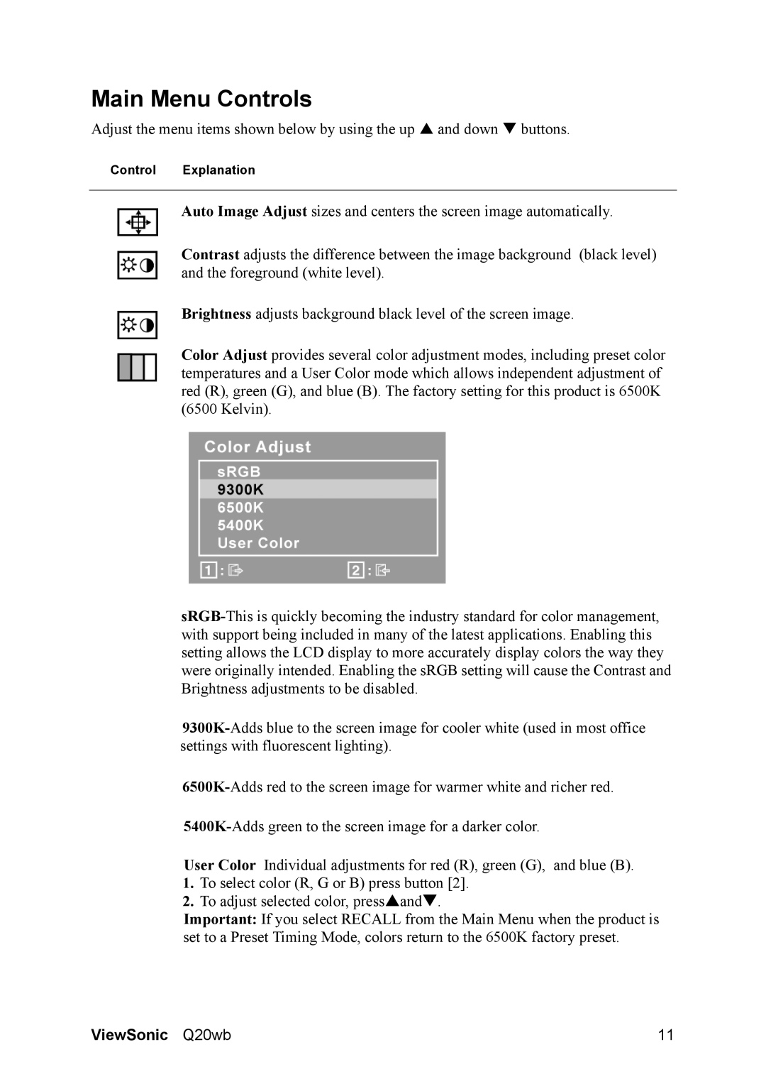 ViewSonic VS11674, Q20WB manual Main Menu Controls 