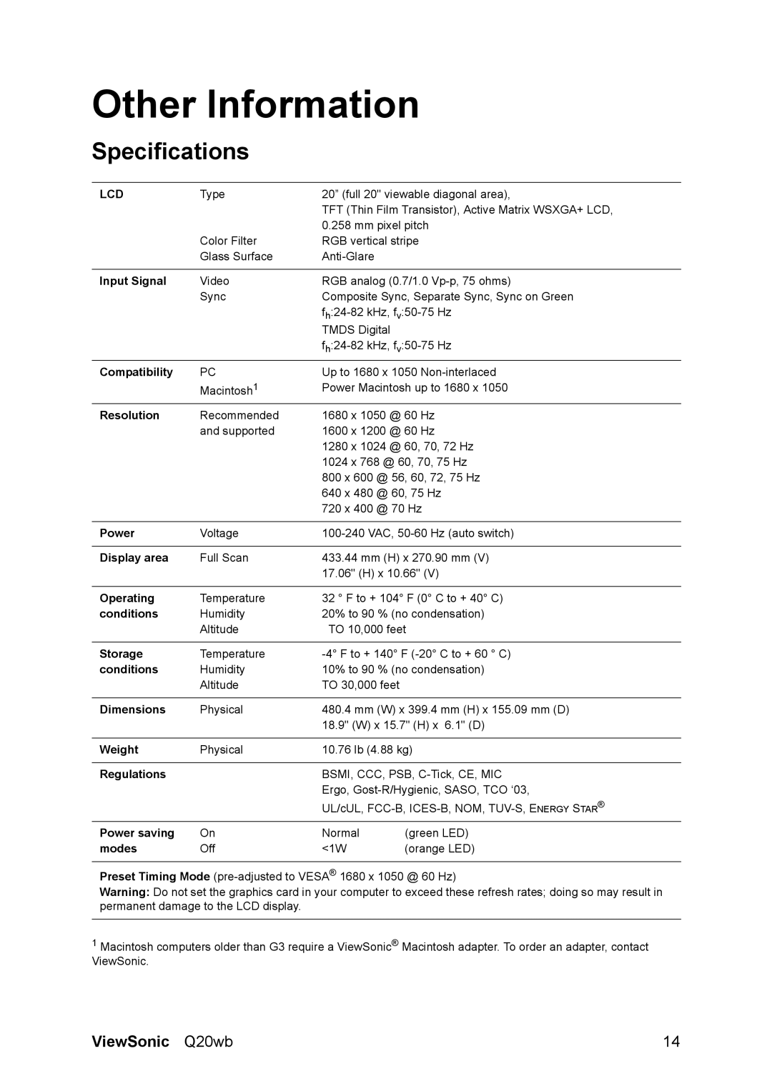 ViewSonic Q20WB, VS11674 manual Other Information, Specifications 