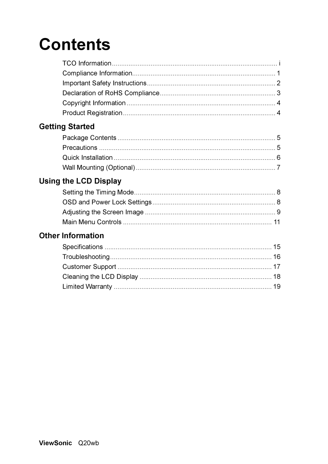 ViewSonic VS11674, Q20WB manual Contents 