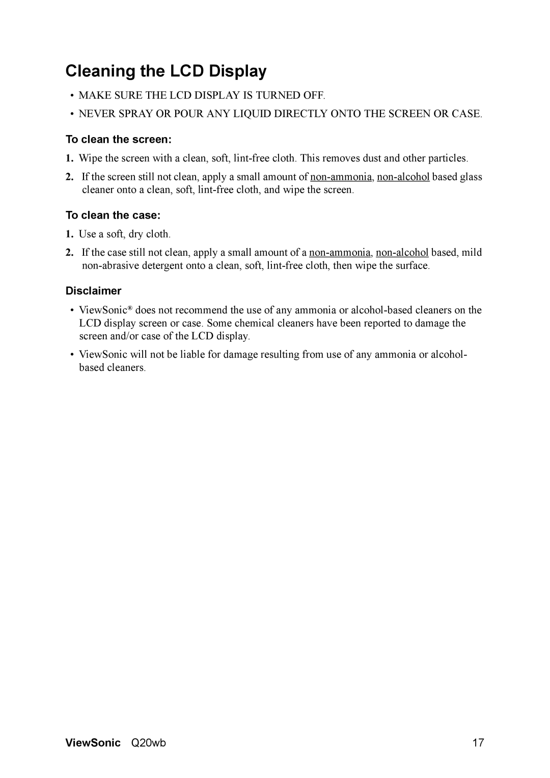 ViewSonic VS11674, Q20WB manual Cleaning the LCD Display, To clean the screen, To clean the case, Disclaimer 