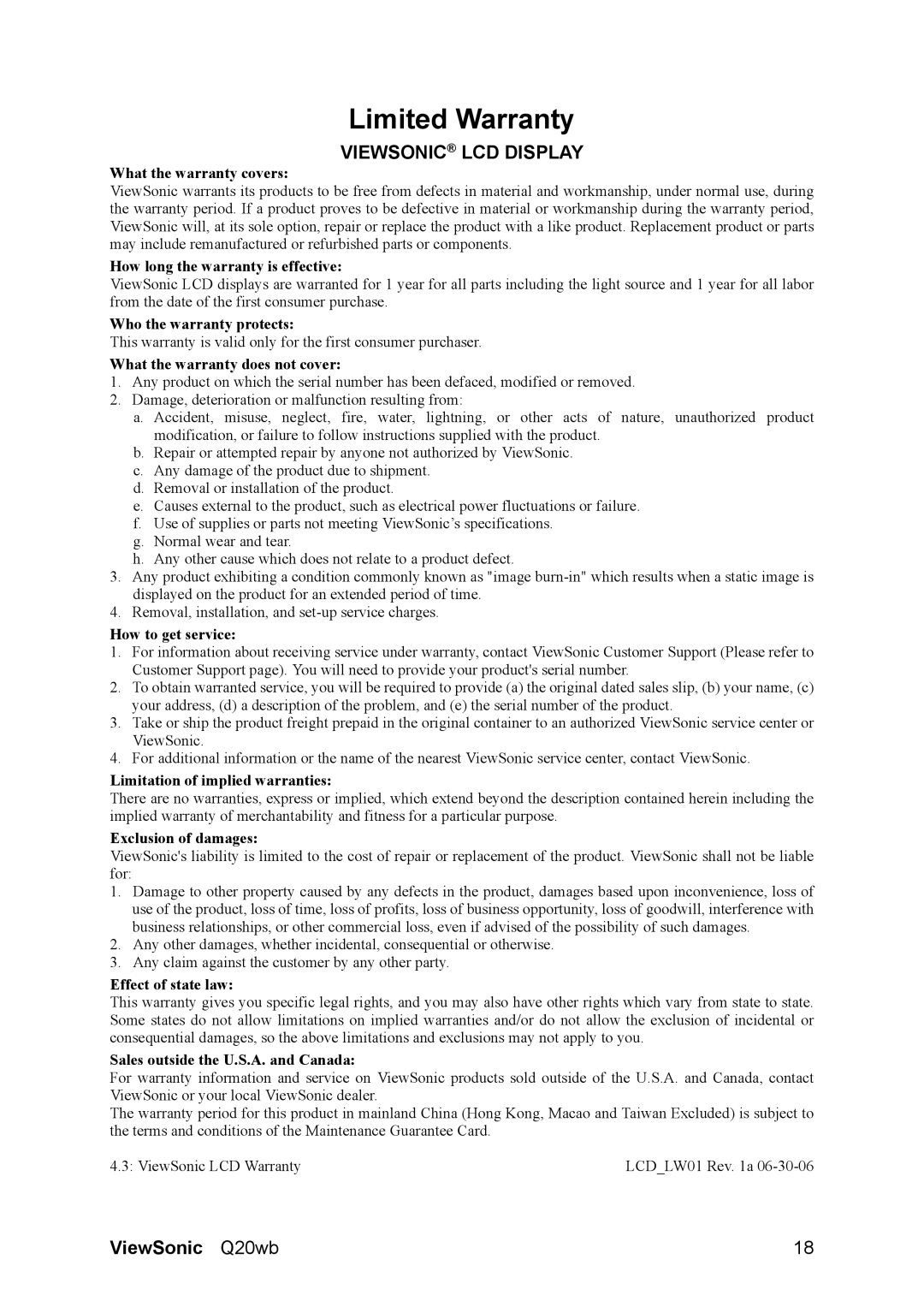 ViewSonic Q20WB, VS11674 manual Limited Warranty, Viewsonic LCD Display 
