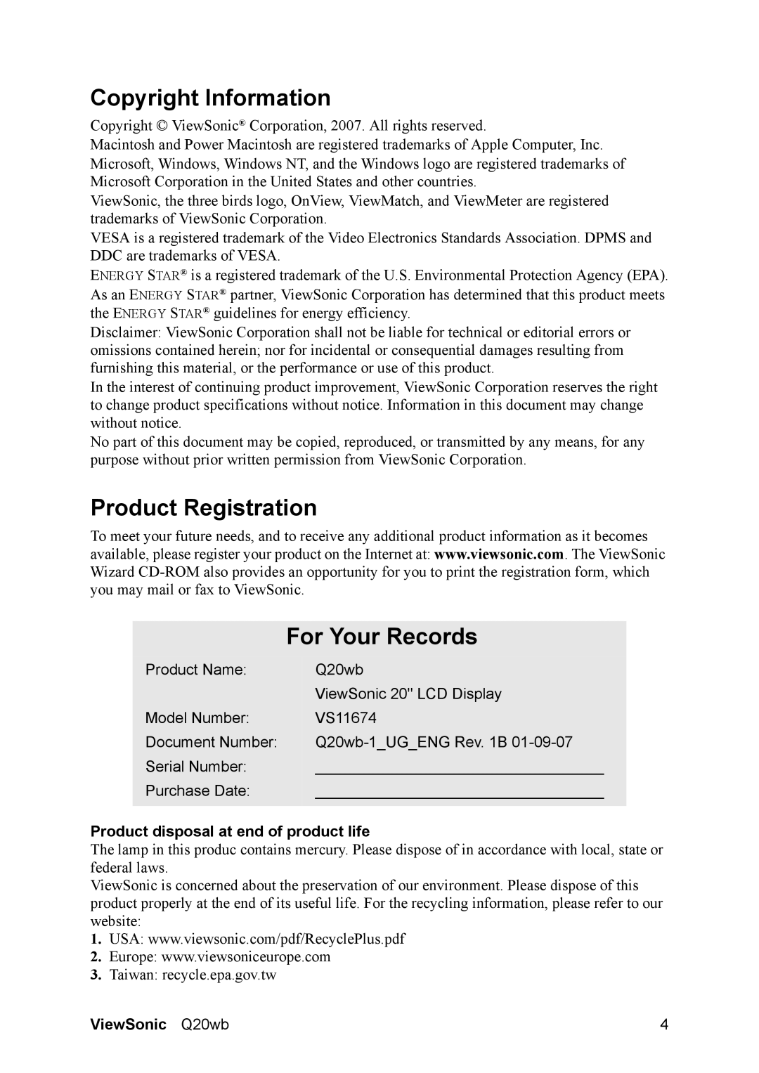 ViewSonic Q20WB Copyright Information, Product Registration For Your Records, Product disposal at end of product life 