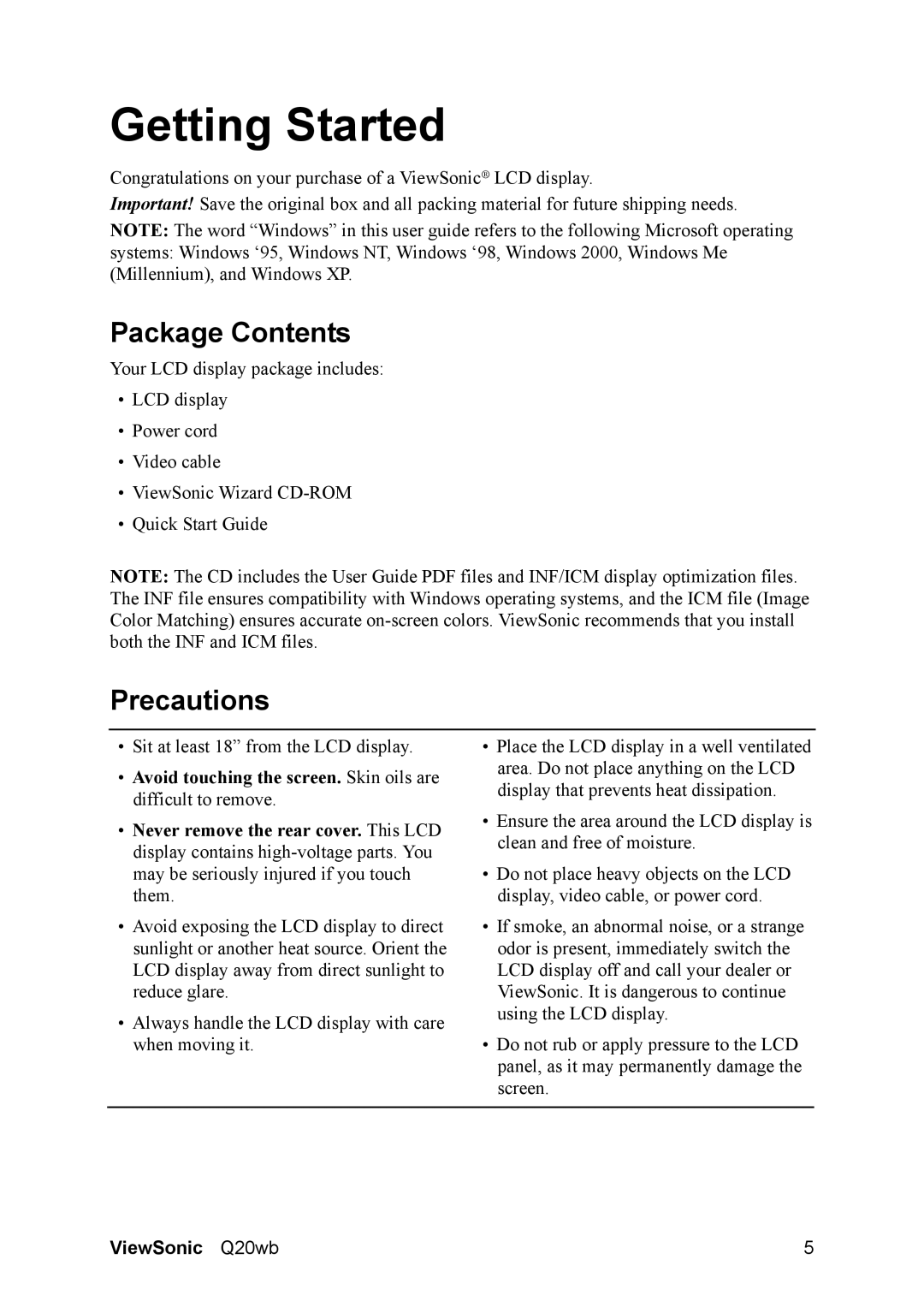 ViewSonic VS11674, Q20WB manual Getting Started, Package Contents, Precautions 