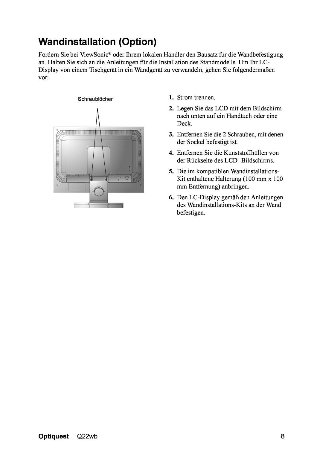 ViewSonic VS11725 manual Wandinstallation Option, Optiquest Q22wb 