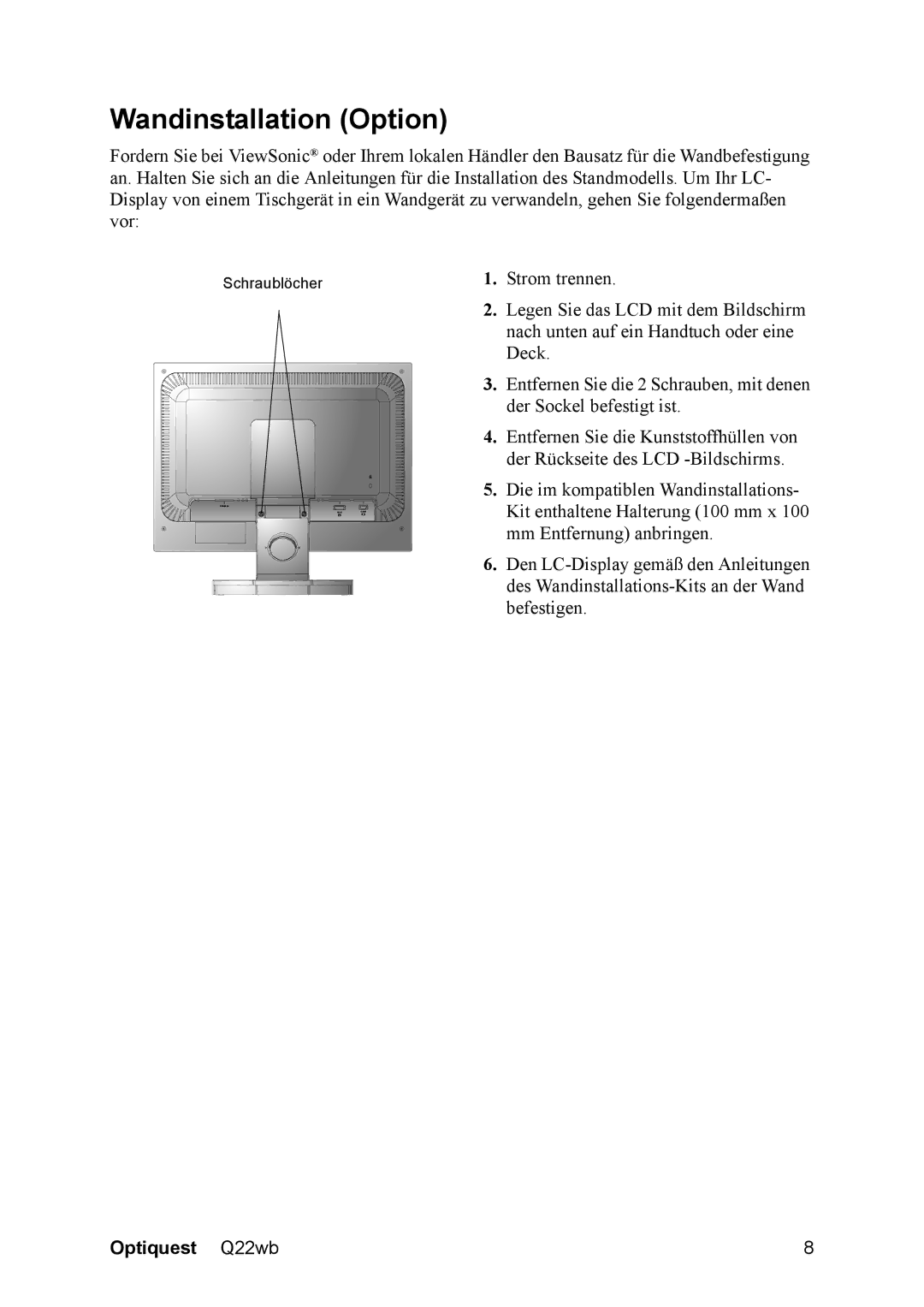 ViewSonic VS11725 manual Wandinstallation Option 