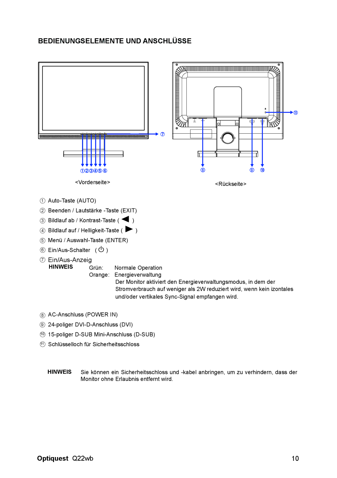 ViewSonic VS11725 manual Bedienungselemente UND Anschlüsse 