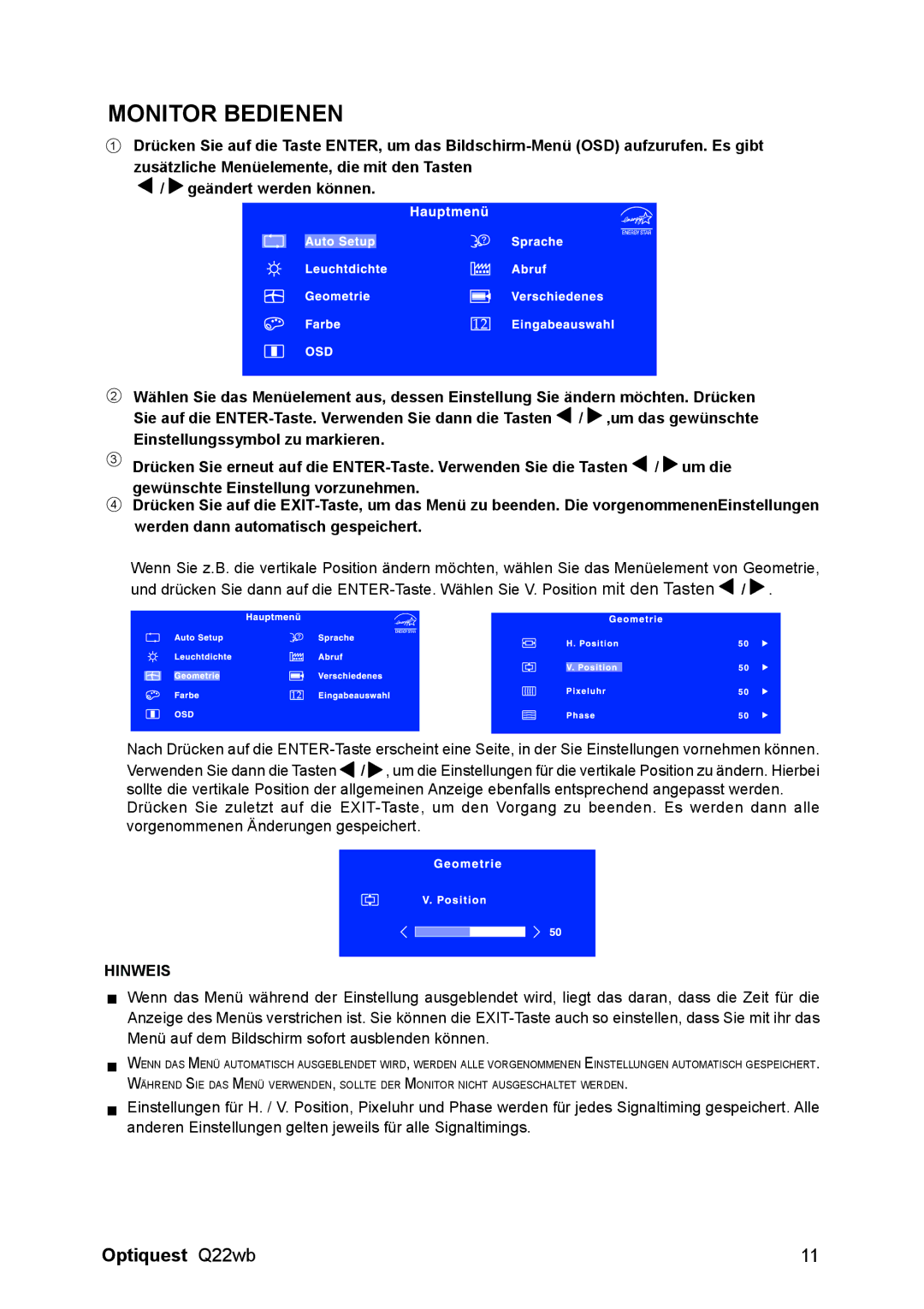 ViewSonic VS11725 manual Monitor Bedienen 