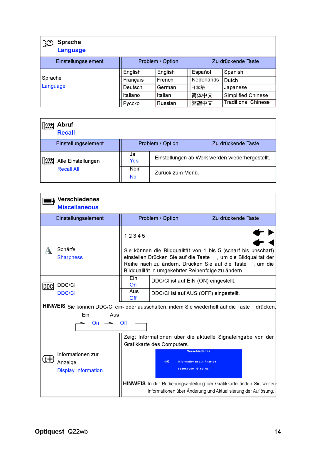 ViewSonic VS11725 manual Language, Recall 