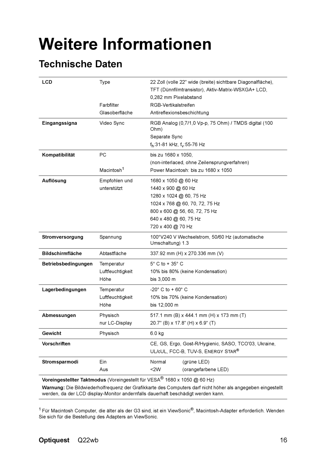 ViewSonic VS11725 manual Weitere Informationen, Technische Daten 