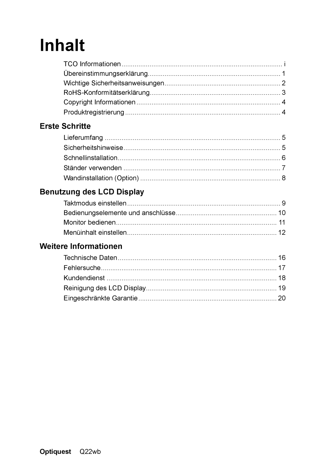 ViewSonic VS11725 manual Inhalt, Optiquest Q22wb 