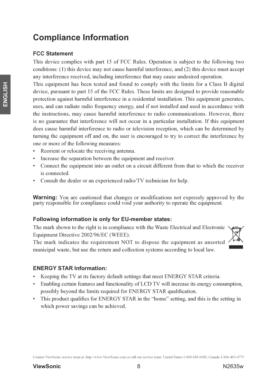 ViewSonic VS11769-2M warranty Compliance Information, FCC Statement, Following information is only for EU-member states 