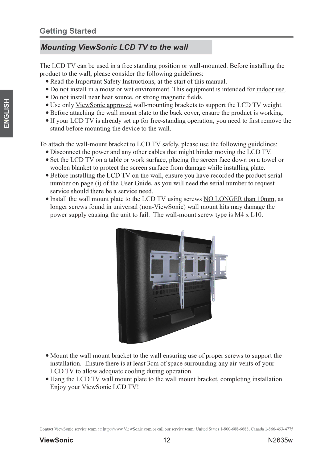 ViewSonic VS11769-2M warranty Mounting ViewSonic LCD TV to the wall 