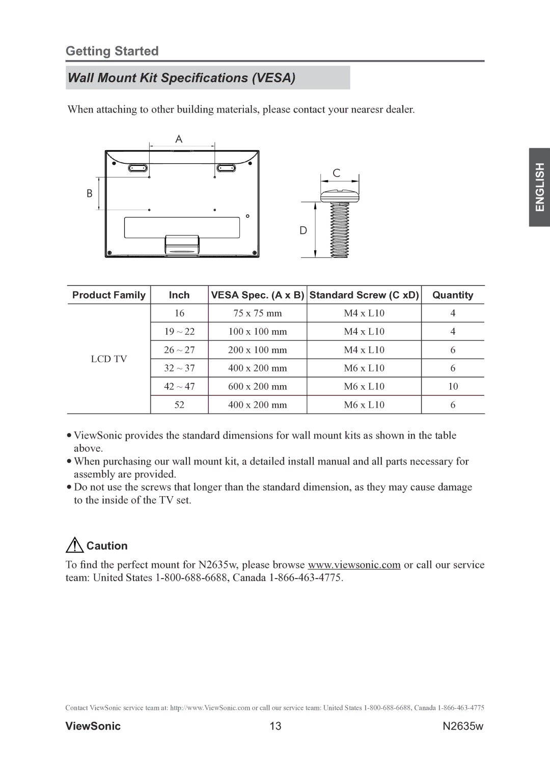 ViewSonic VS11769-2M warranty Wall Mount Kit Specifications Vesa 