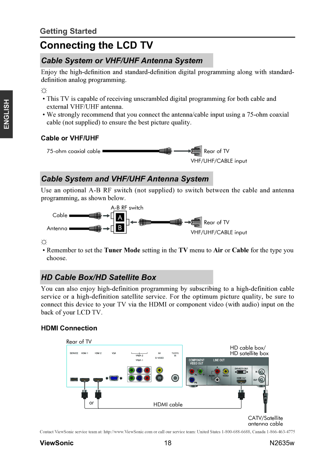 ViewSonic VS11769-2M warranty Connecting the LCD TV, Cable System or VHF/UHF Antenna System, HD Cable Box/HD Satellite Box 