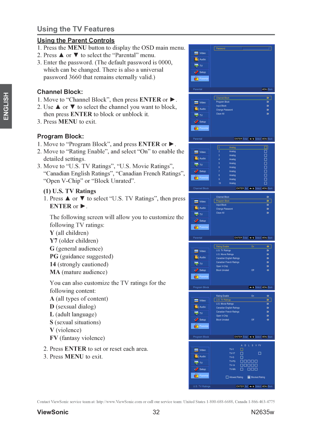 ViewSonic VS11769-2M warranty Using the Parent Controls, Channel Block, Program Block, S. TV Ratings, Enter or 