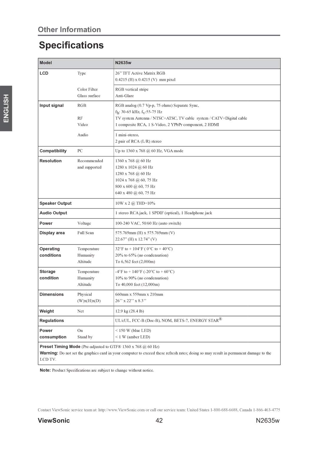 ViewSonic VS11769-2M warranty Specifications, Lcd 