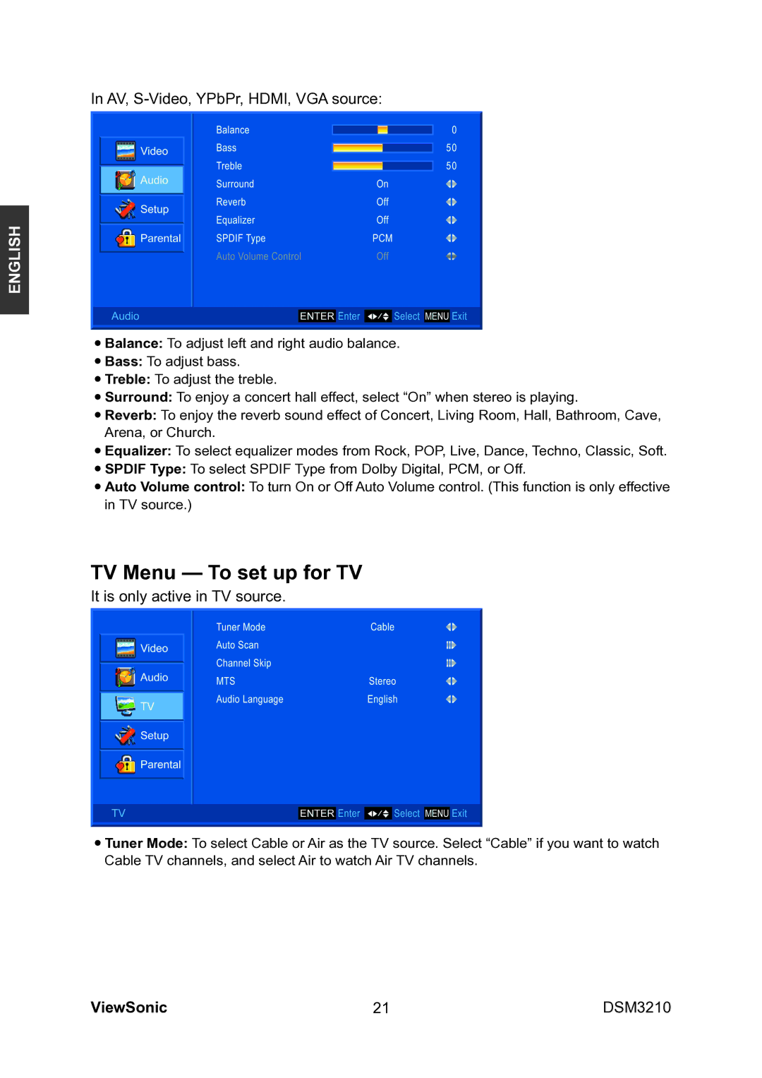 ViewSonic VS11770-1M manual TV Menu To set up for TV, It is only active in TV source 