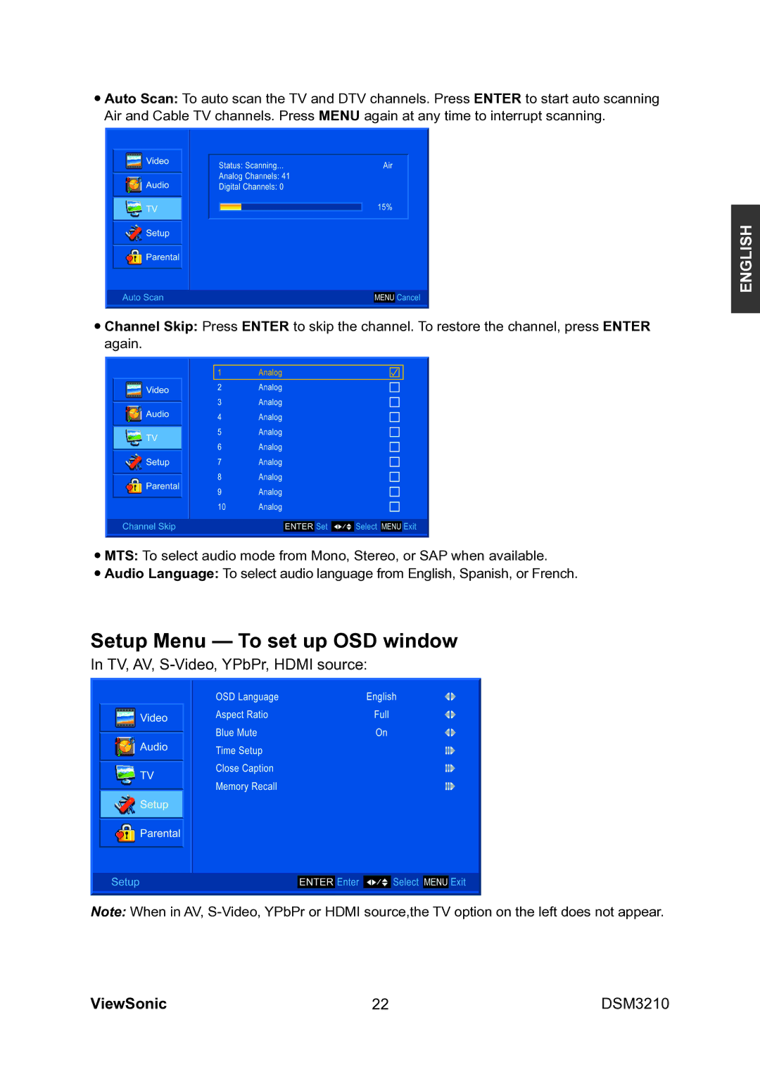 ViewSonic VS11770-1M manual Setup Menu To set up OSD window 