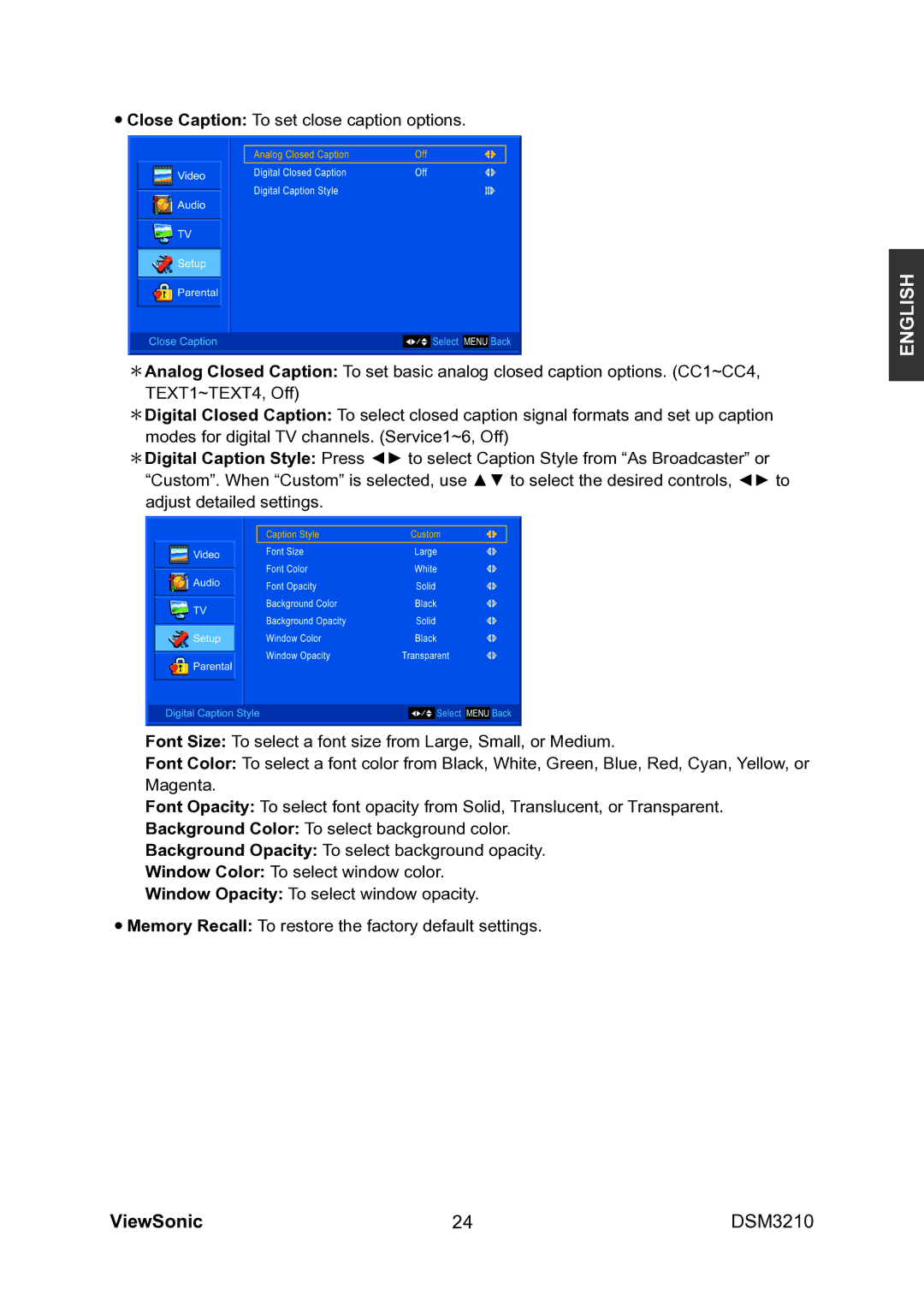 ViewSonic VS11770-1M manual Close Caption To set close caption options 