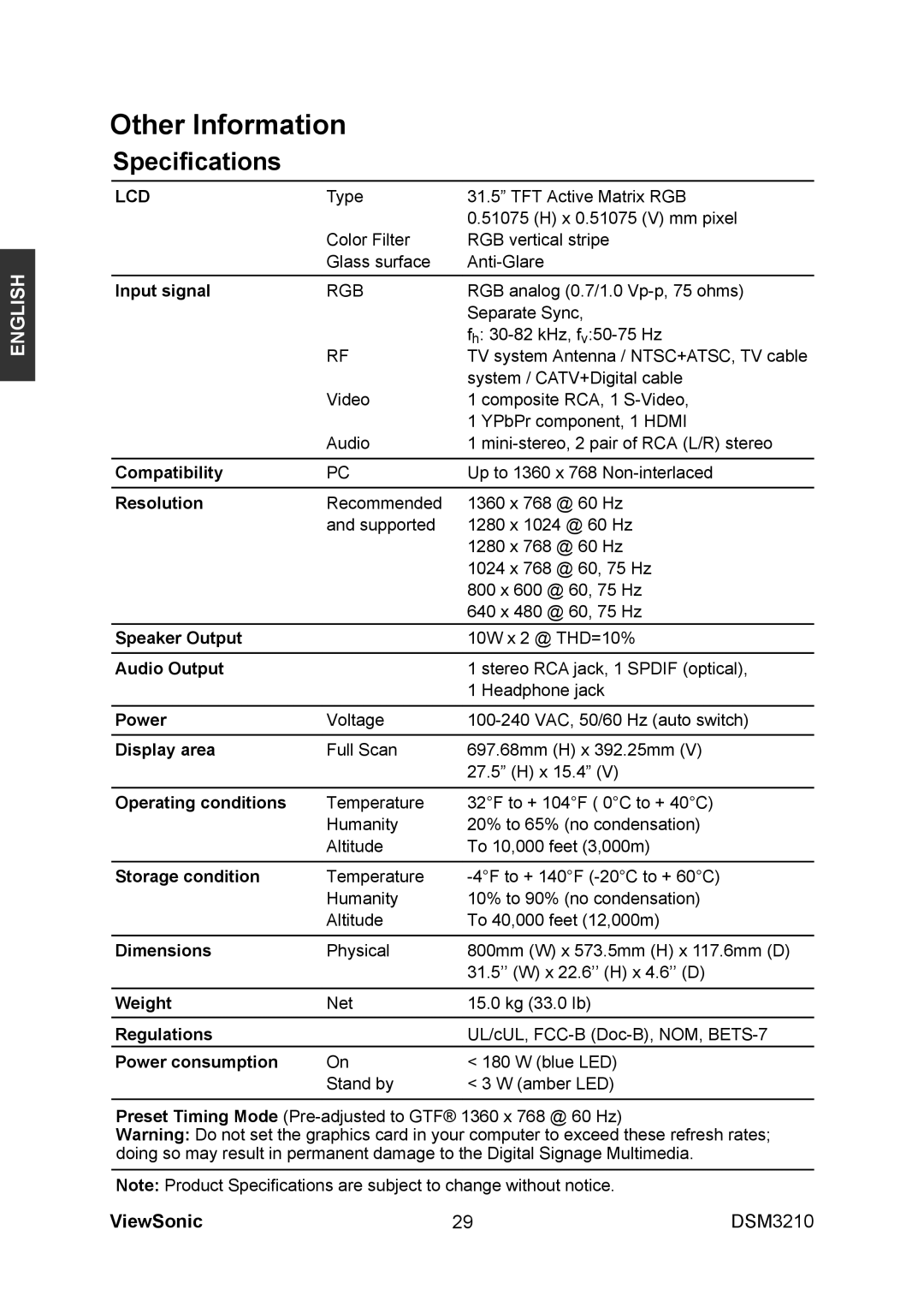 ViewSonic VS11770-1M manual Speciﬁcations, Lcd 