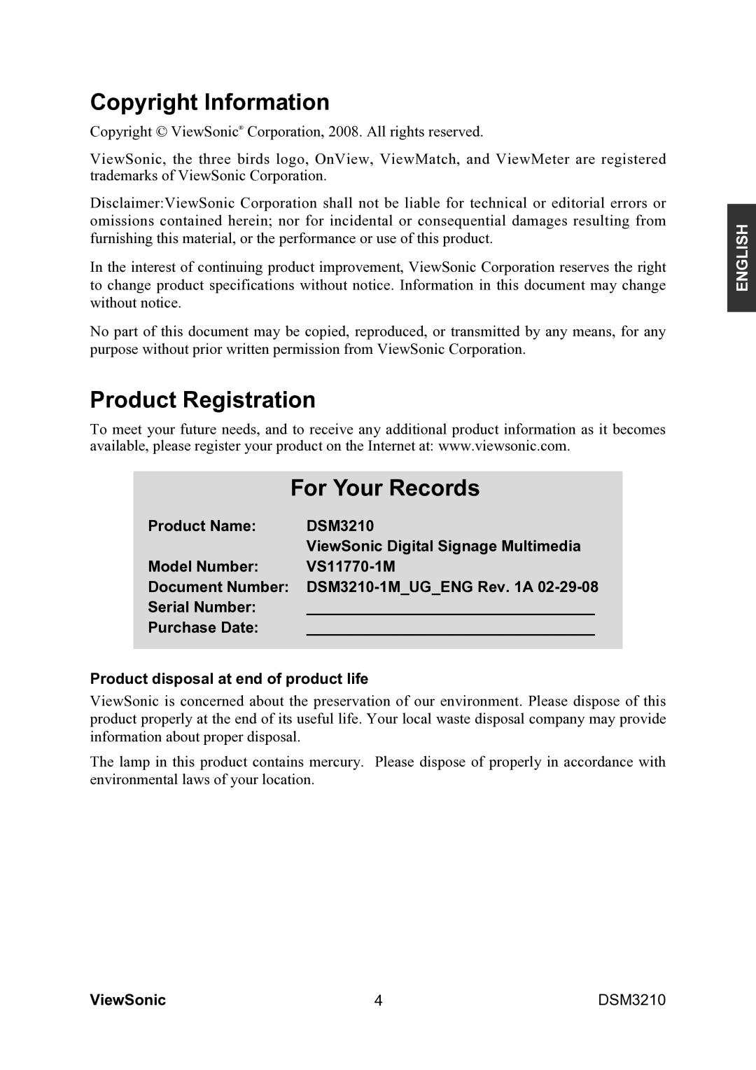 ViewSonic VS11770-1M manual Copyright Information, Product Registration For Your Records 