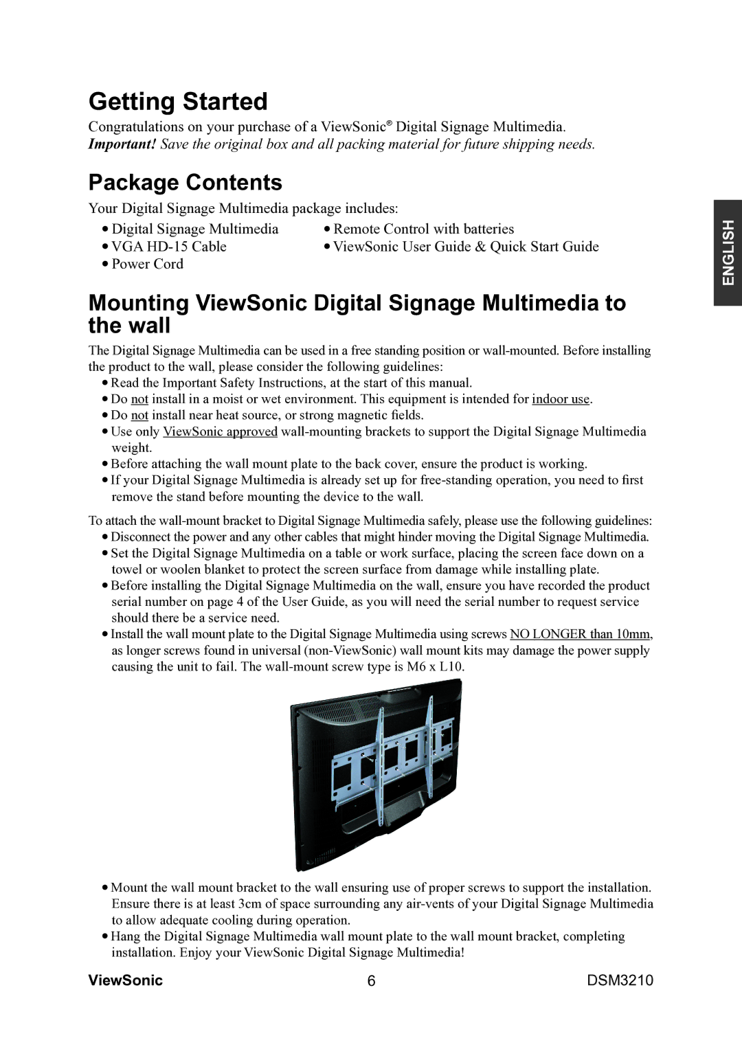 ViewSonic VS11770-1M manual Package Contents, Mounting ViewSonic Digital Signage Multimedia to the wall 