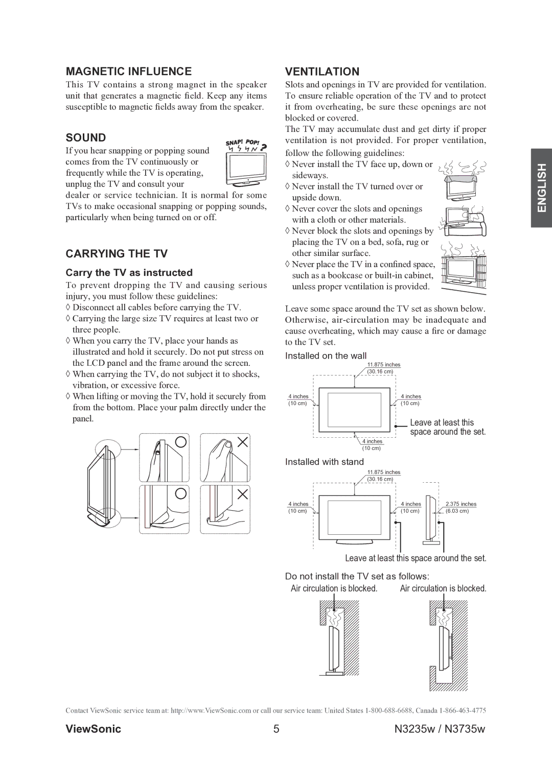 ViewSonic VS11771-2M, VS11770-2M Magnetic Influence, Sound, Carrying the TV, Ventilation, Carry the TV as instructed 