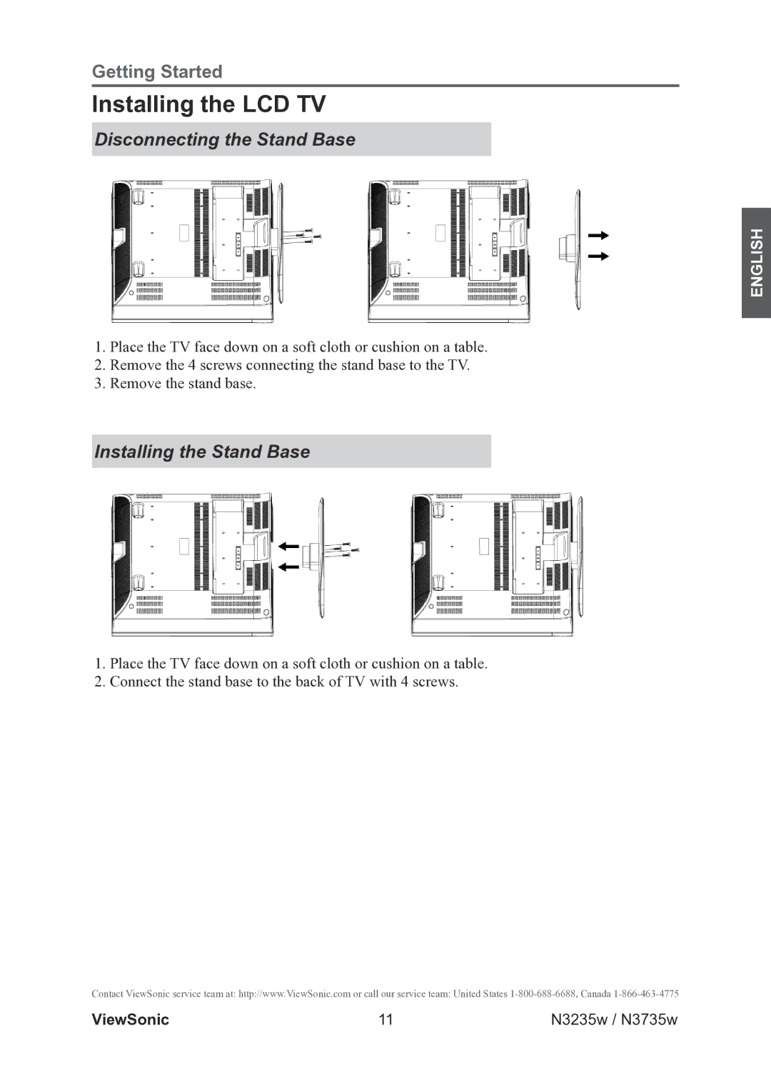 ViewSonic VS11771-2M, VS11770-2M warranty Installing the LCD TV, Disconnecting the Stand Base, Installing the Stand Base 