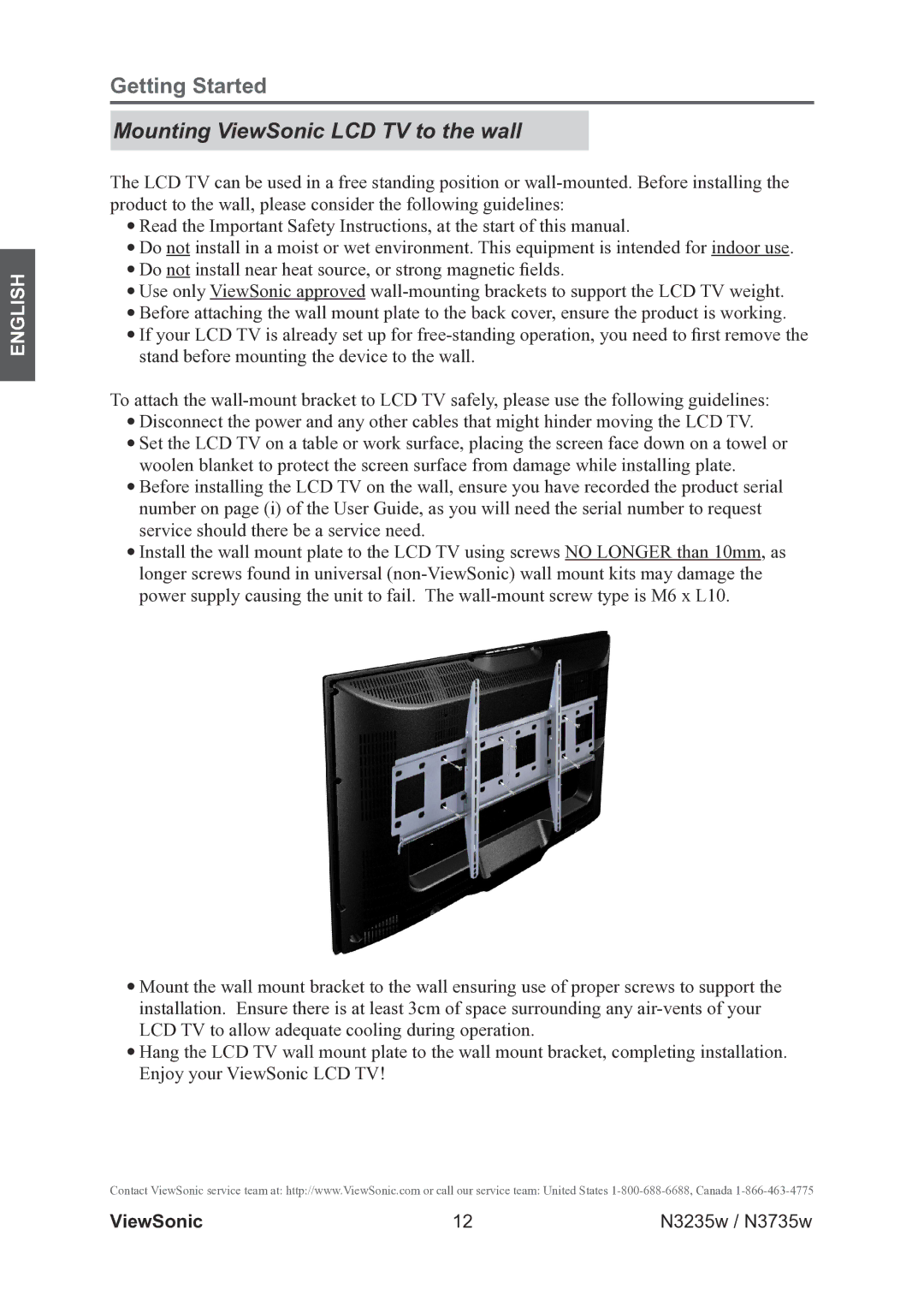 ViewSonic VS11770-2M, VS11771-2M warranty Mounting ViewSonic LCD TV to the wall 