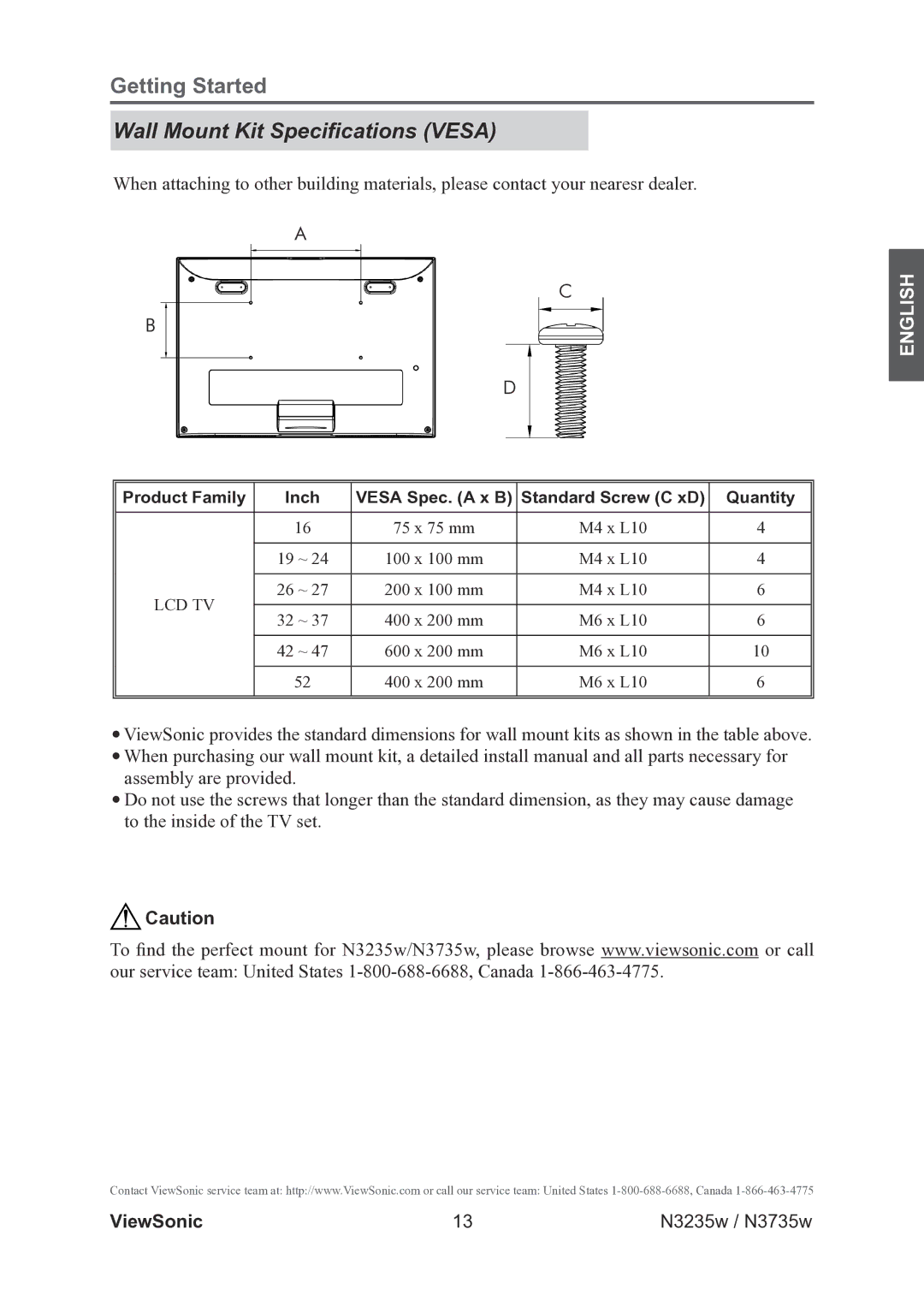 ViewSonic VS11771-2M, VS11770-2M warranty Wall Mount Kit Specifications Vesa 