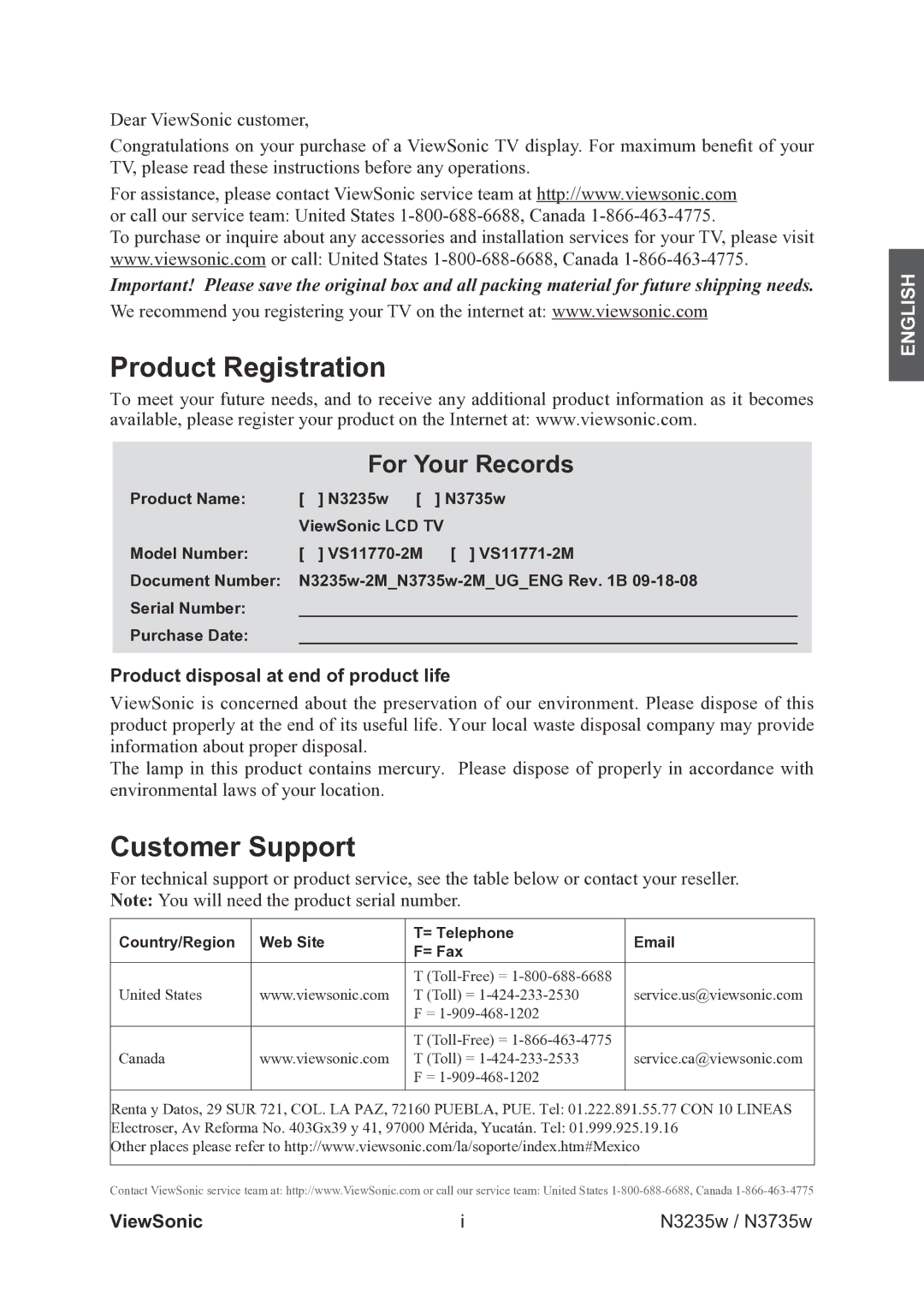 ViewSonic VS11771-2M warranty Product Registration, Customer Support, Product disposal at end of product life, ViewSonic 