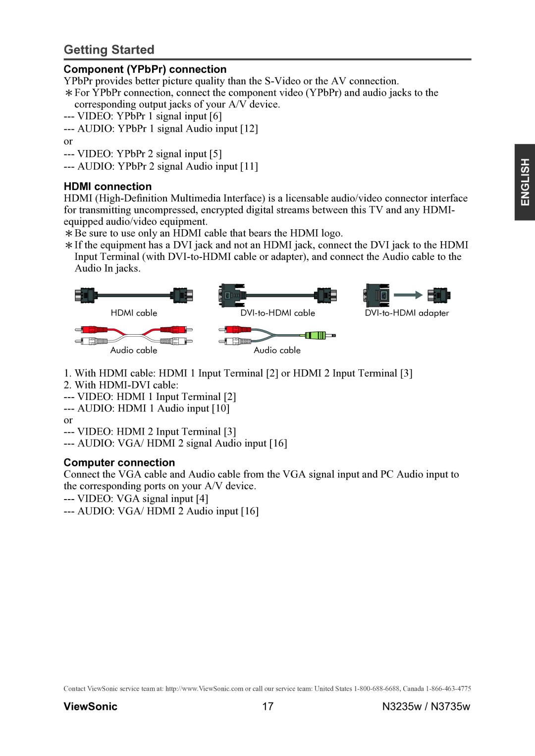 ViewSonic VS11771-2M, VS11770-2M warranty Component YPbPr connection, Hdmi connection, Computer connection 