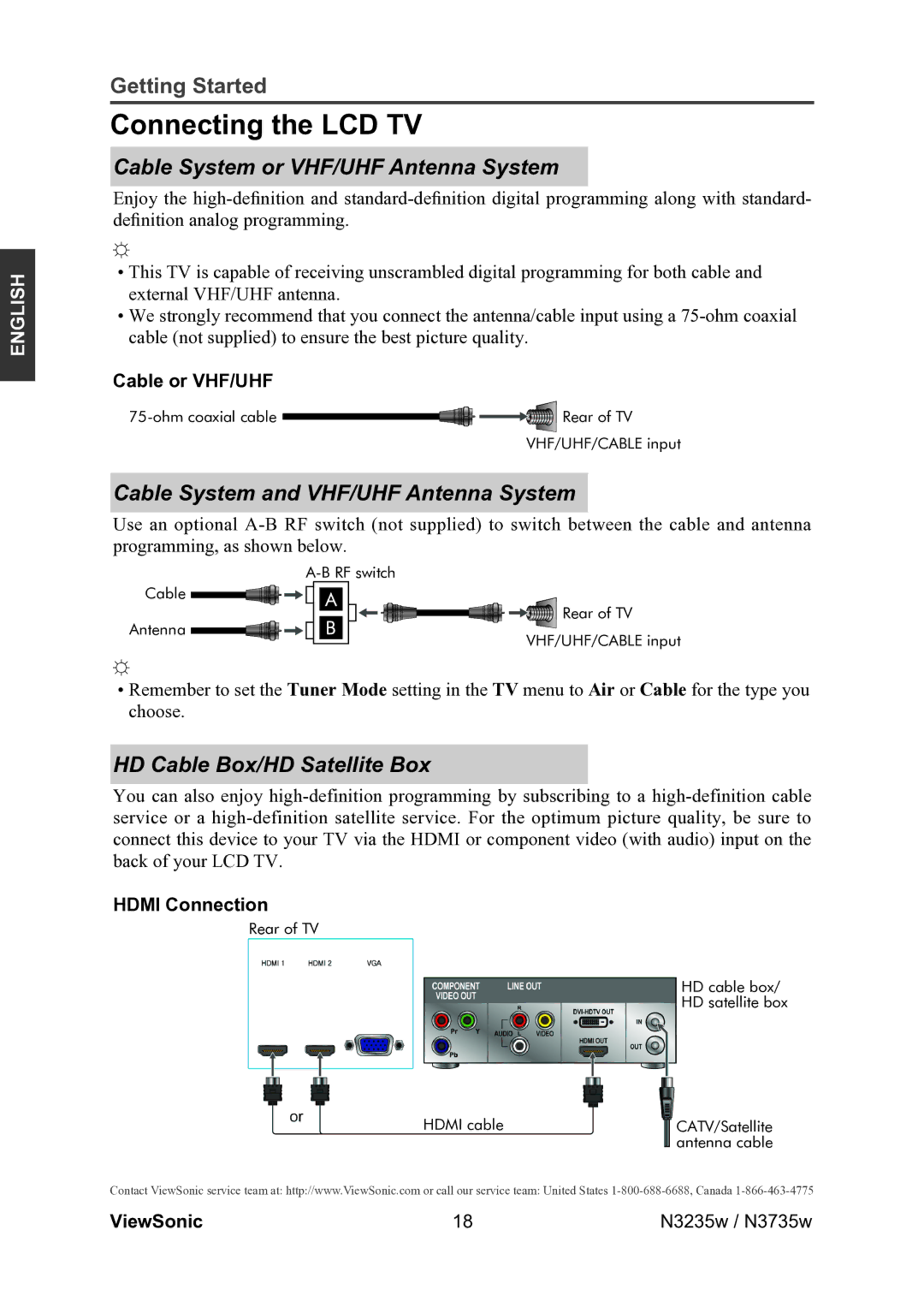 ViewSonic VS11770-2M warranty Connecting the LCD TV, Cable System or VHF/UHF Antenna System, HD Cable Box/HD Satellite Box 