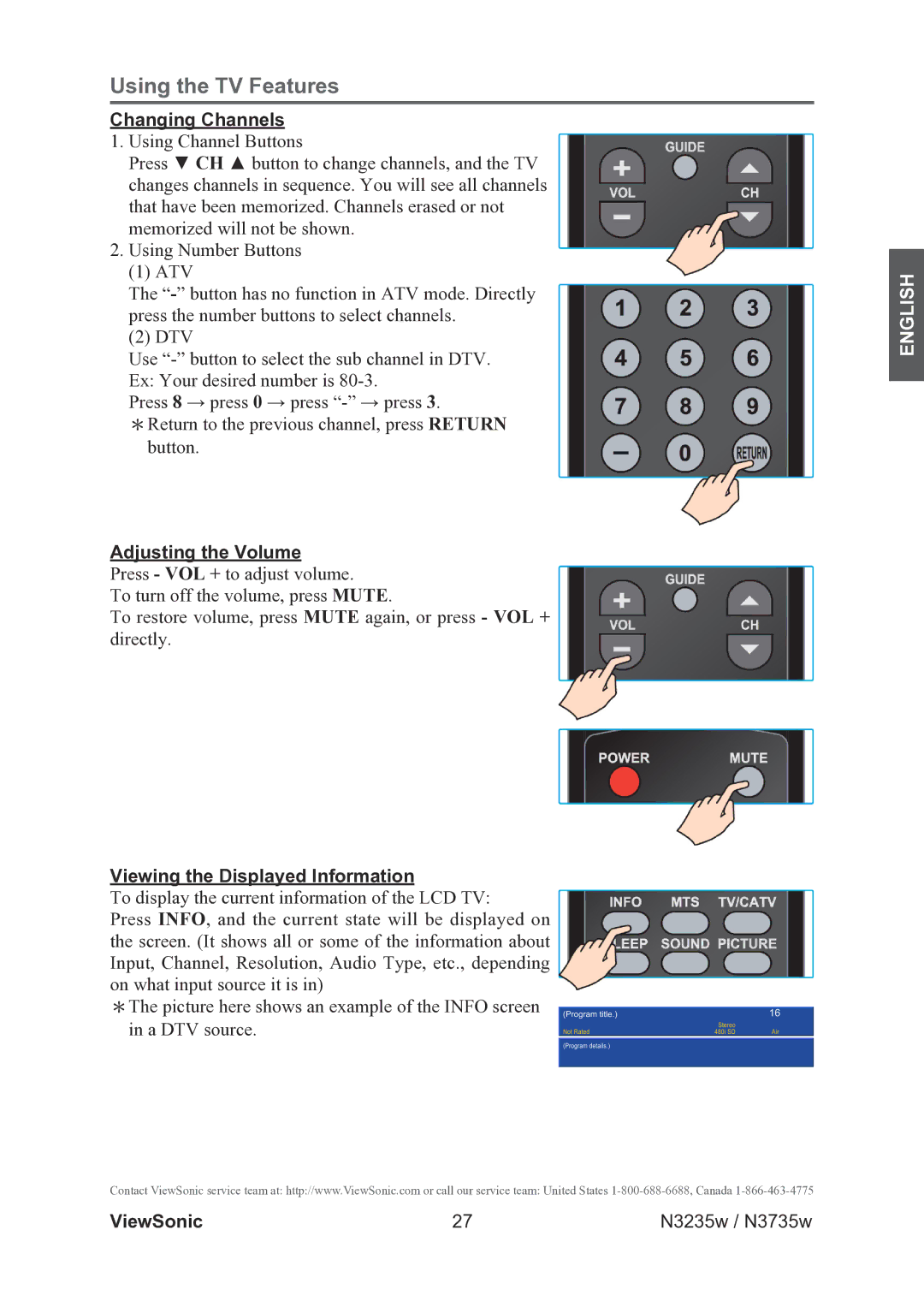 ViewSonic VS11771-2M, VS11770-2M warranty Changing Channels, Adjusting the Volume, Viewing the Displayed Information 