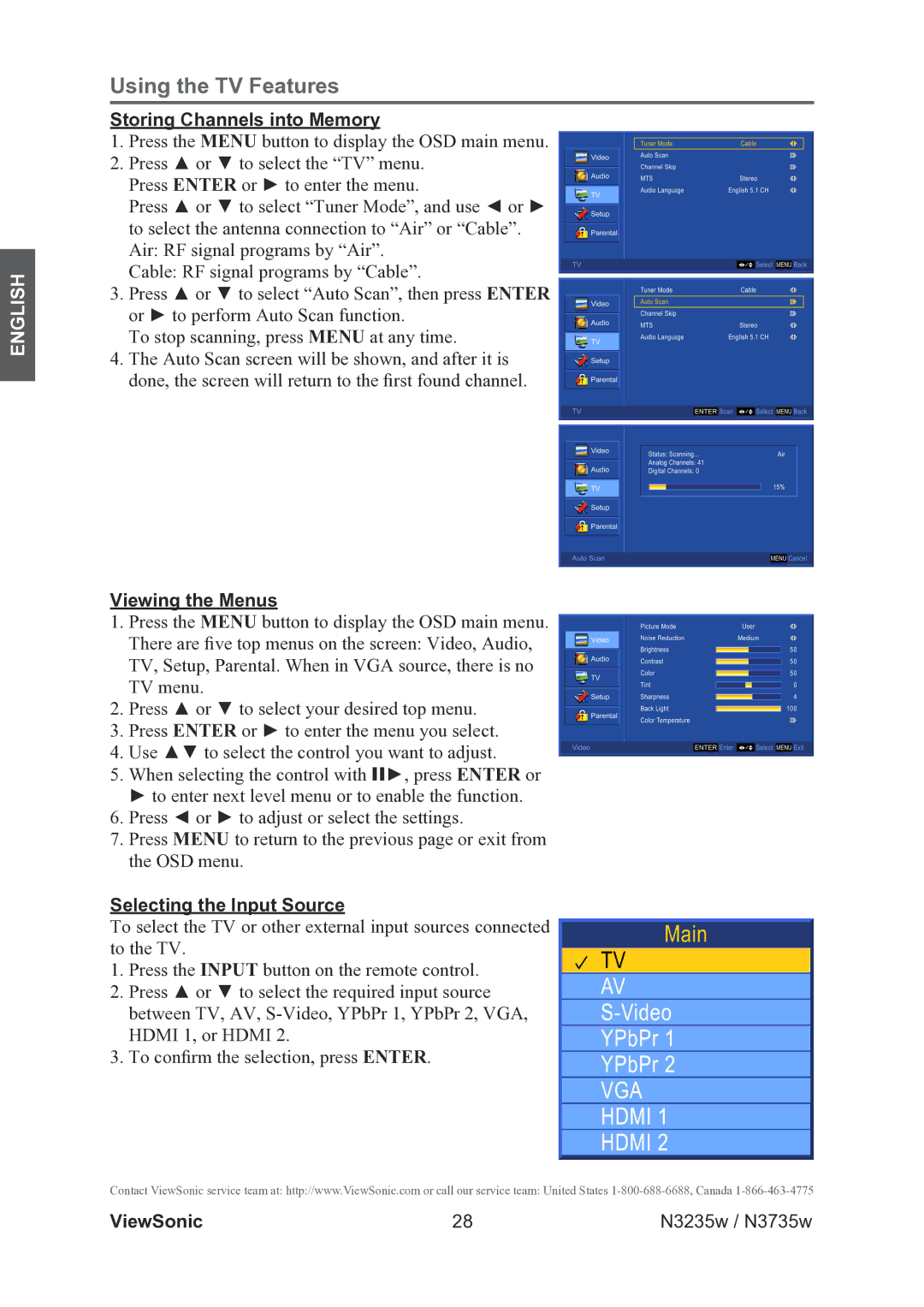 ViewSonic VS11770-2M, VS11771-2M warranty Storing Channels into Memory, Viewing the Menus, Selecting the Input Source 