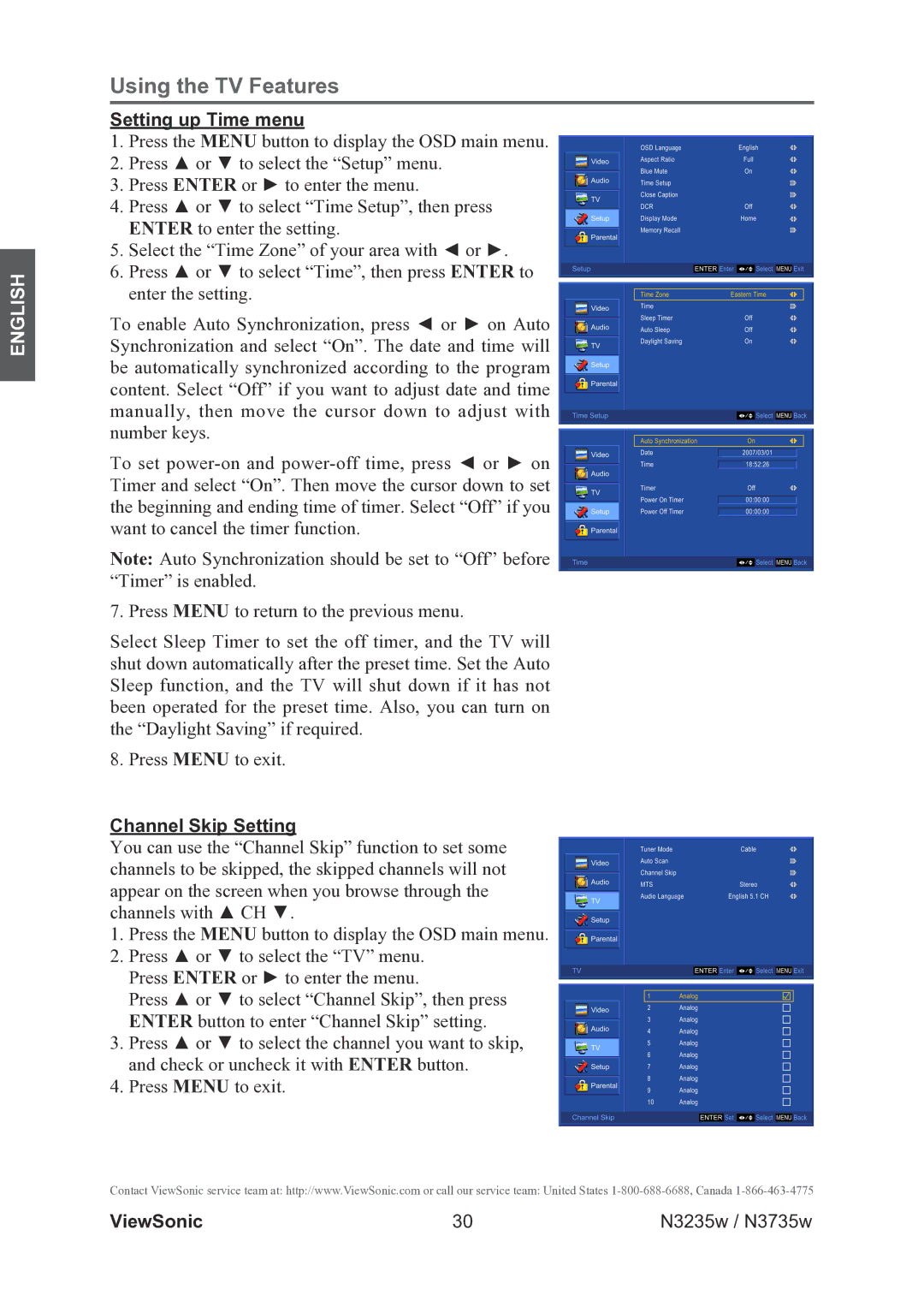 ViewSonic VS11770-2M, VS11771-2M warranty Setting up Time menu, Channel Skip Setting 